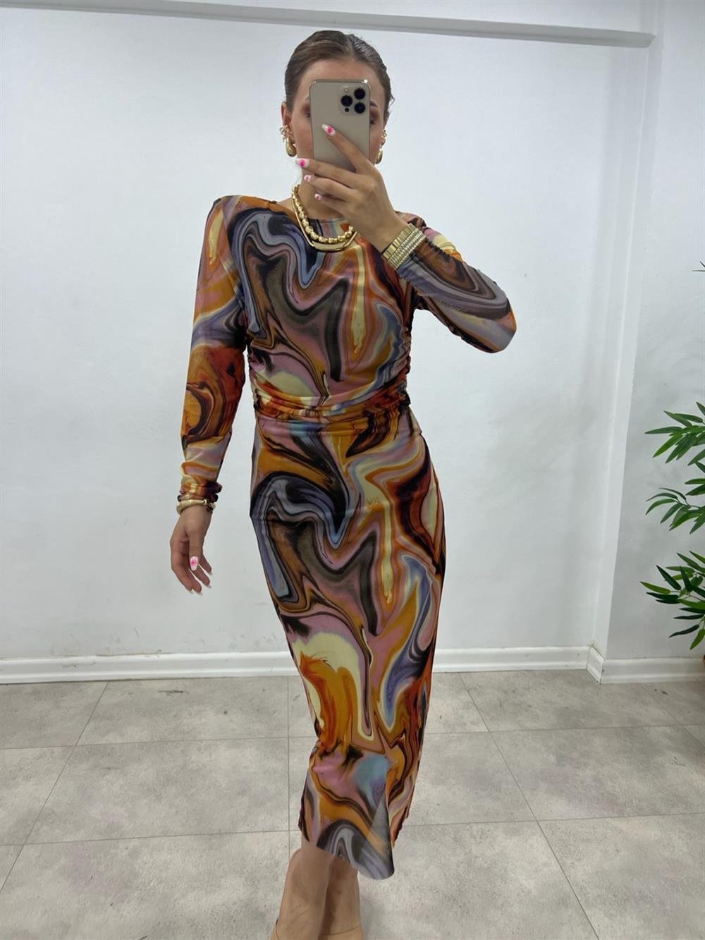 RENKLİ DRAPELİ TÜL ELBİSE