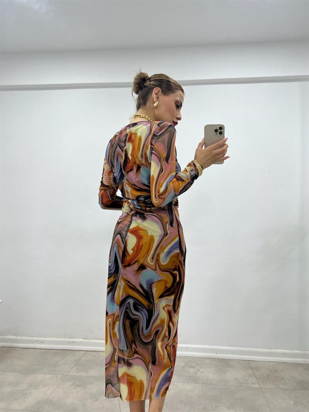 RENKLİ DRAPELİ TÜL ELBİSE