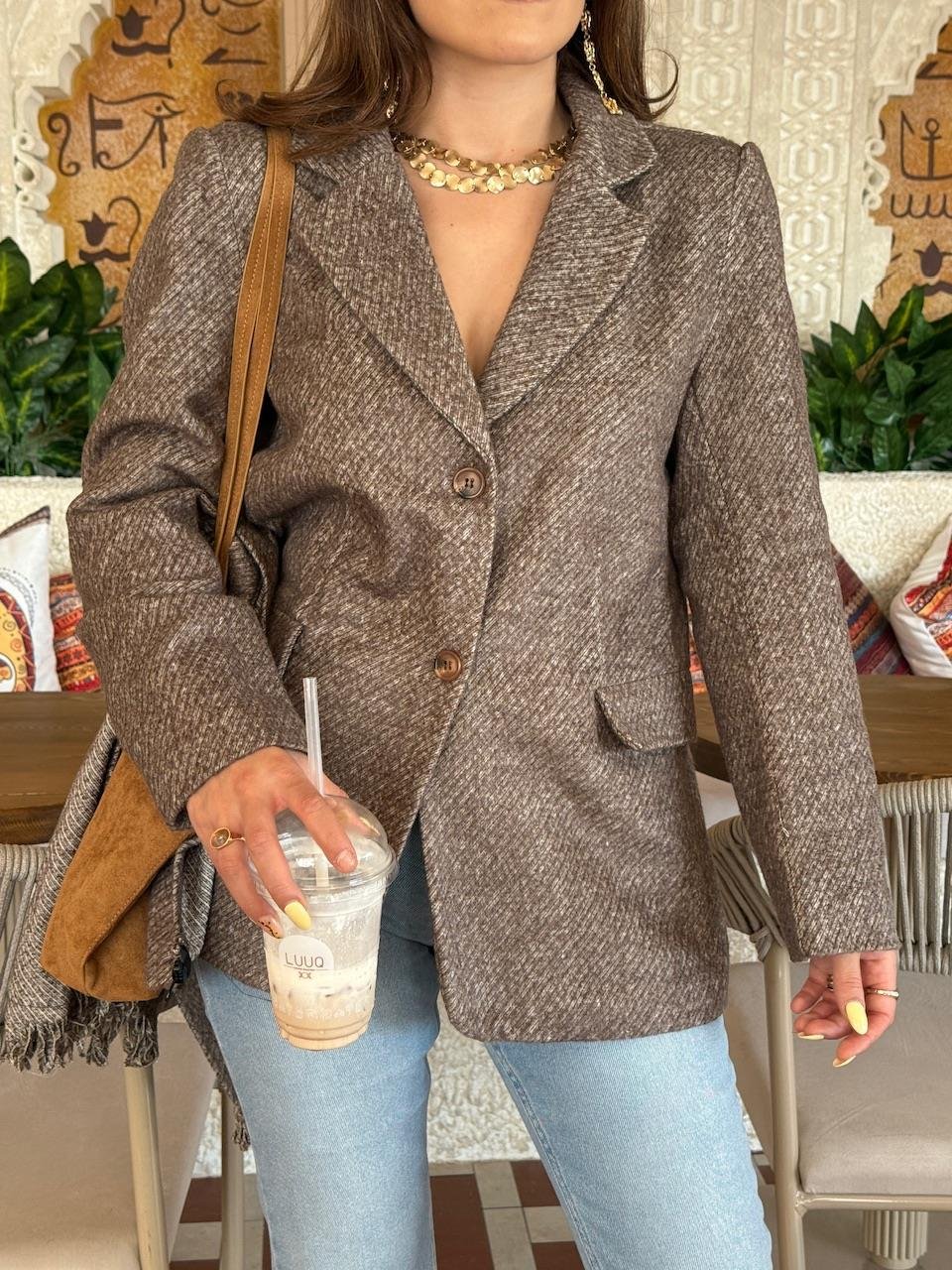 ŞAL DETAYLI KAŞE BLAZER CEKET