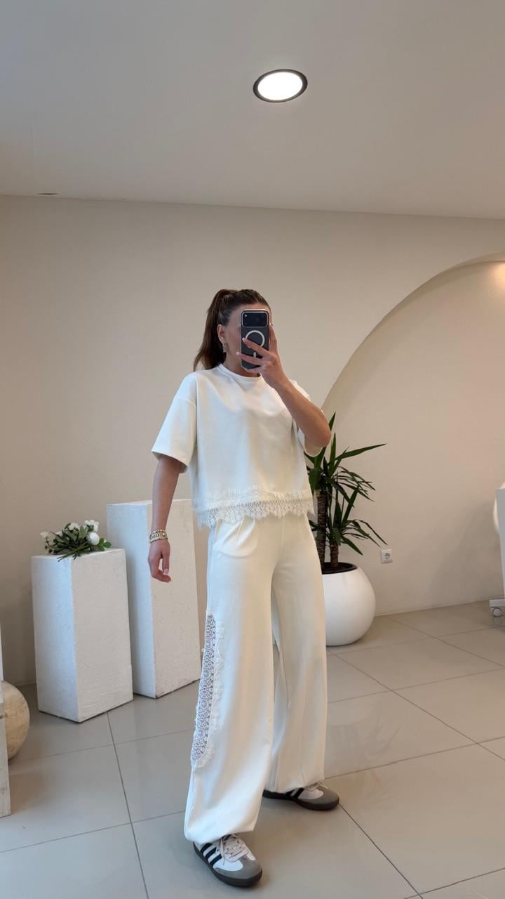 ŞALVAR KESİM DANTEL DETAYLI İKİLİ MODAL TAKIM BEYAZ