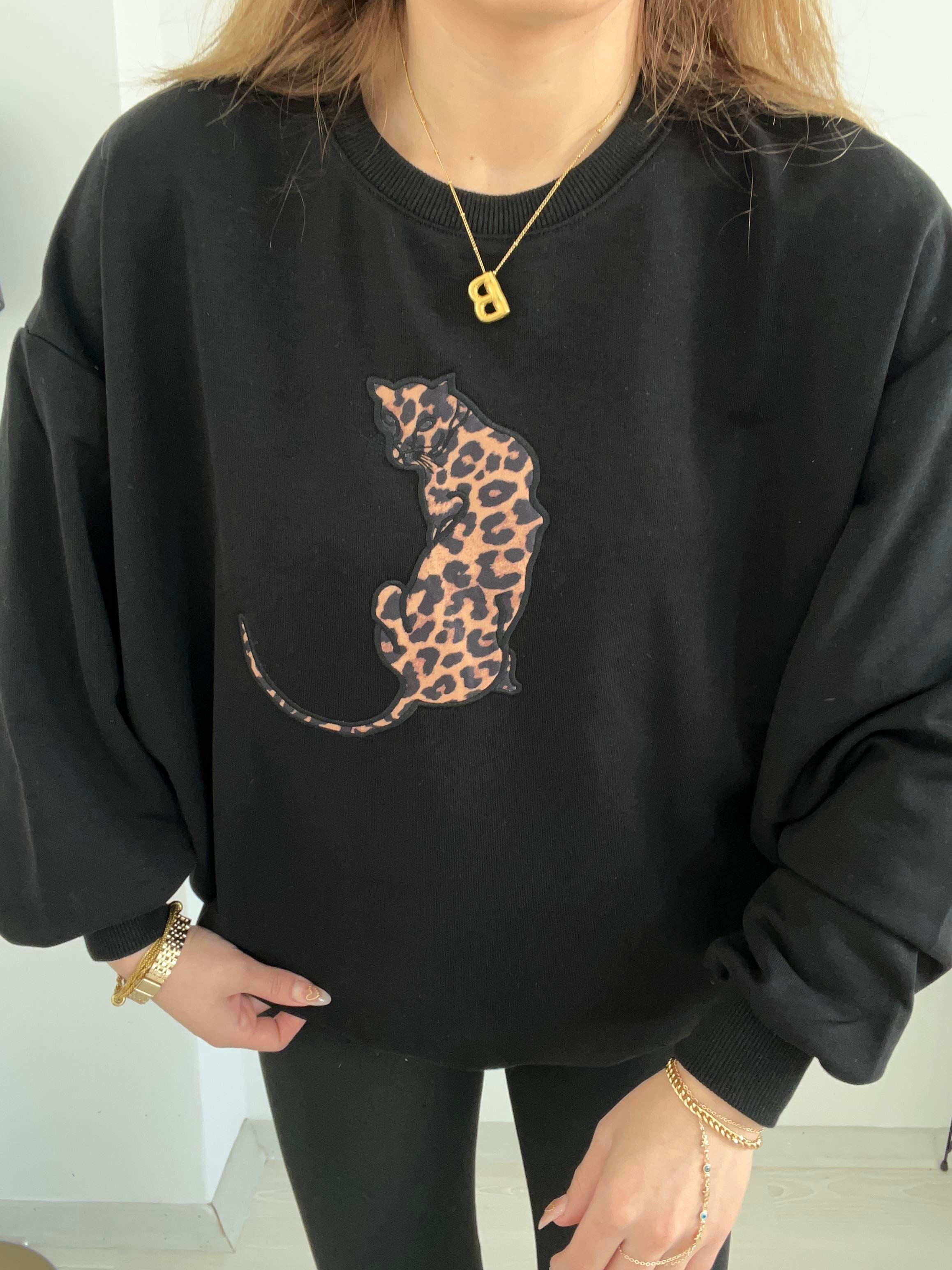 ŞARDONSUZ OVERSİZE LEOPAR DETAYLI SWEAT SİYAH