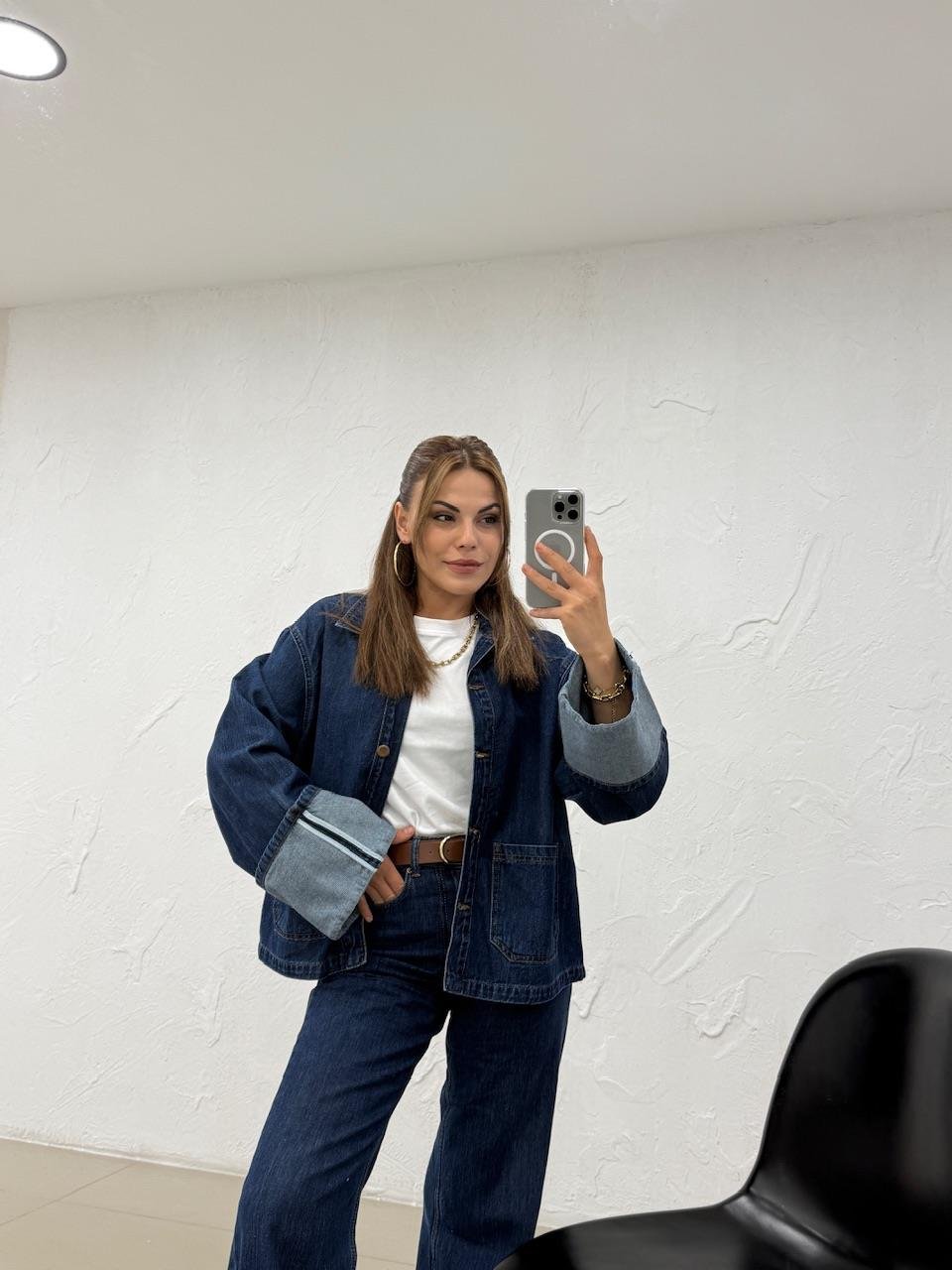 ŞERİT DETAYLI İKİLİ DENİM TAKIM