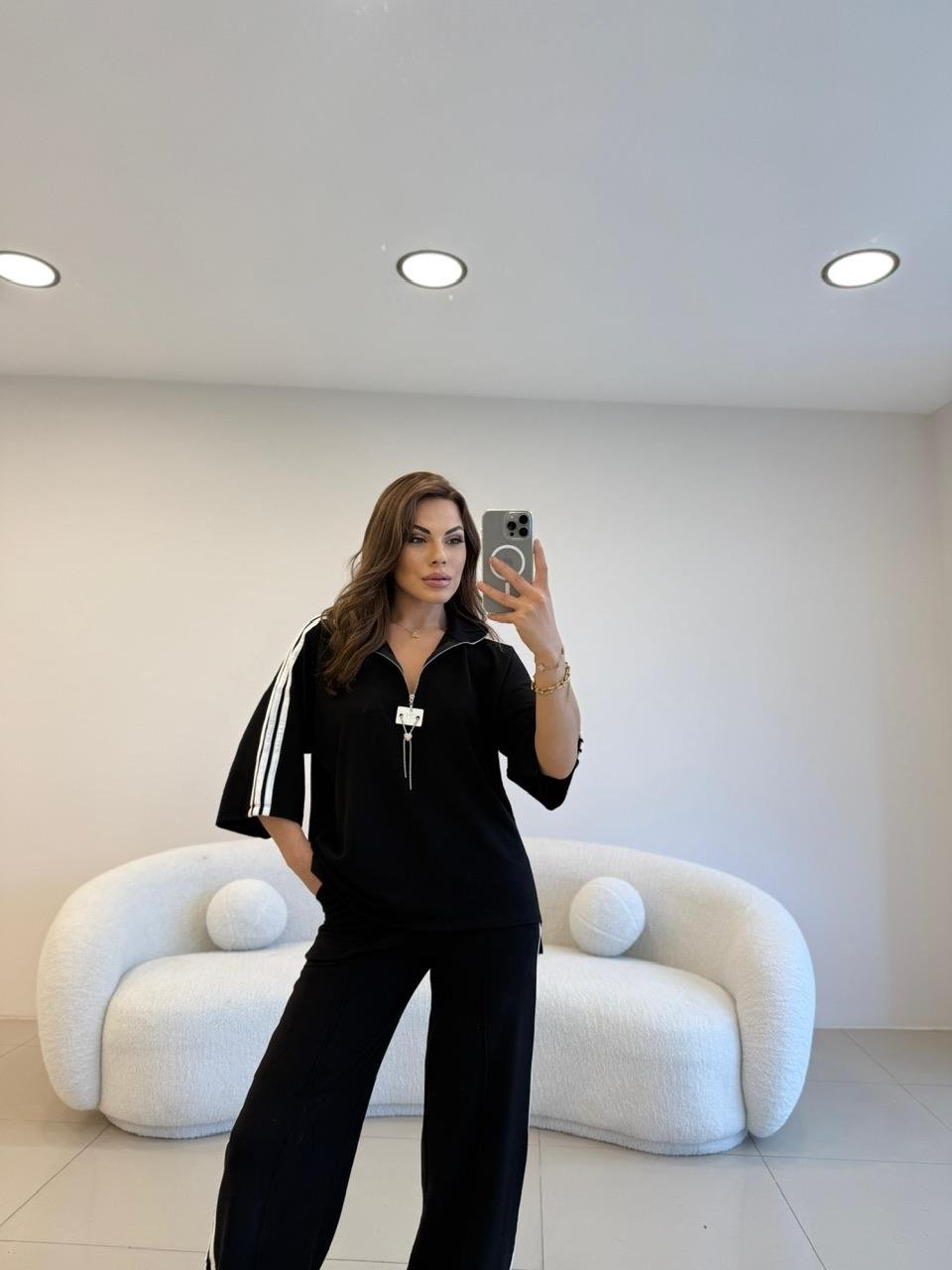 ŞERİT VE FERMUAR DETAYLI KISA KOL İKİLİ TAKIM