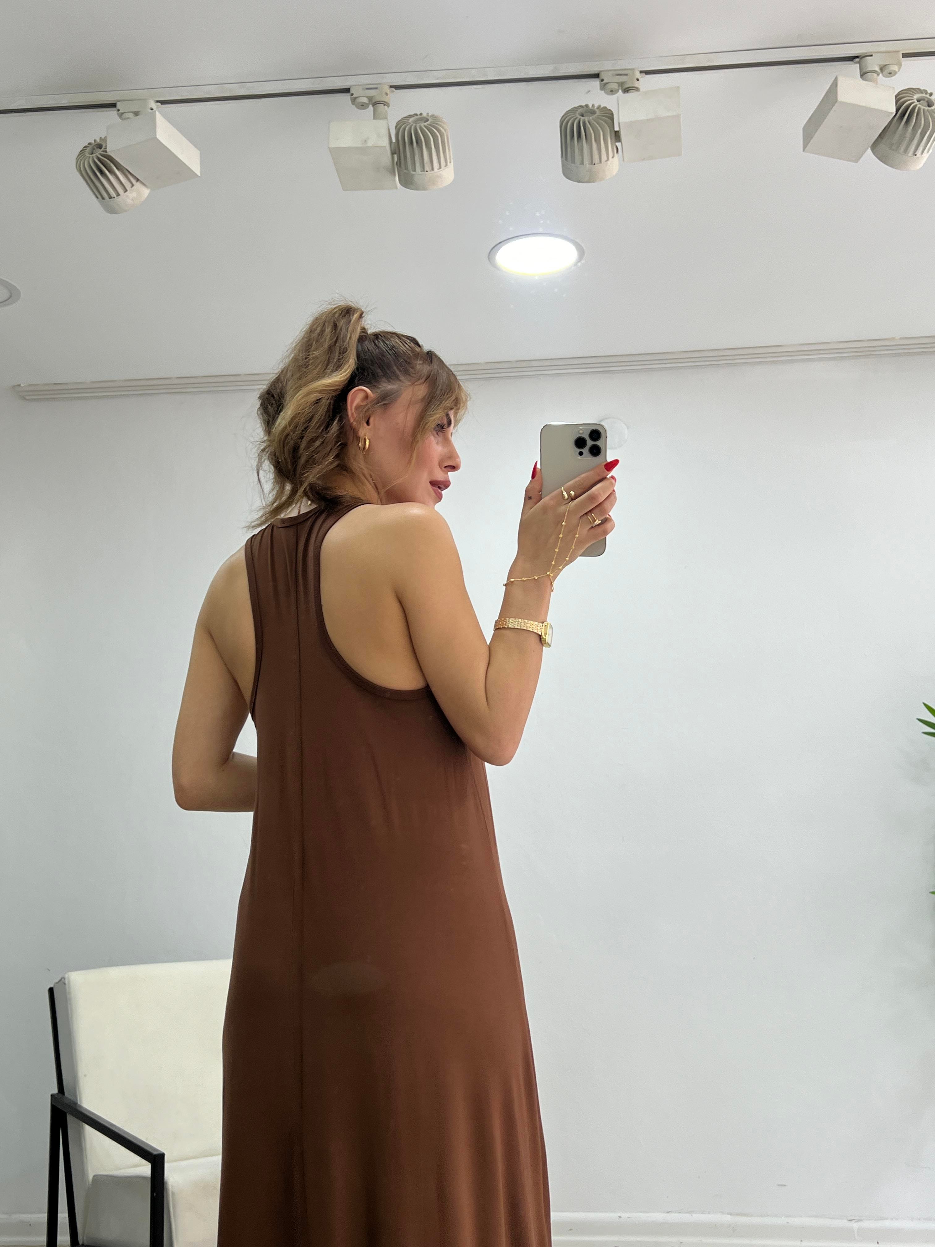 SIFIR YAKA MODAL KUMAŞ BASİC ELBİSE KAHVE