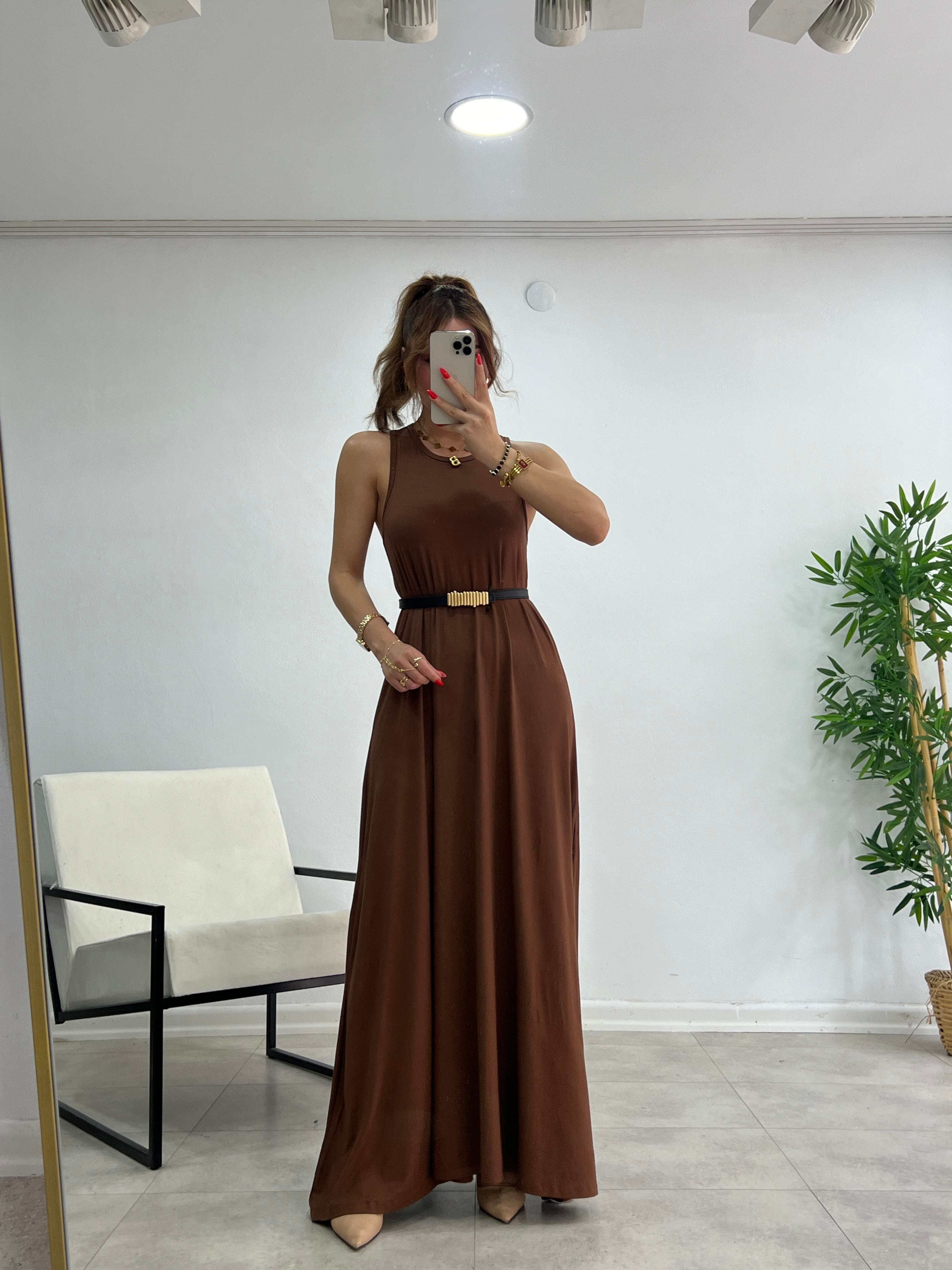 SIFIR YAKA MODAL KUMAŞ BASİC ELBİSE KAHVE