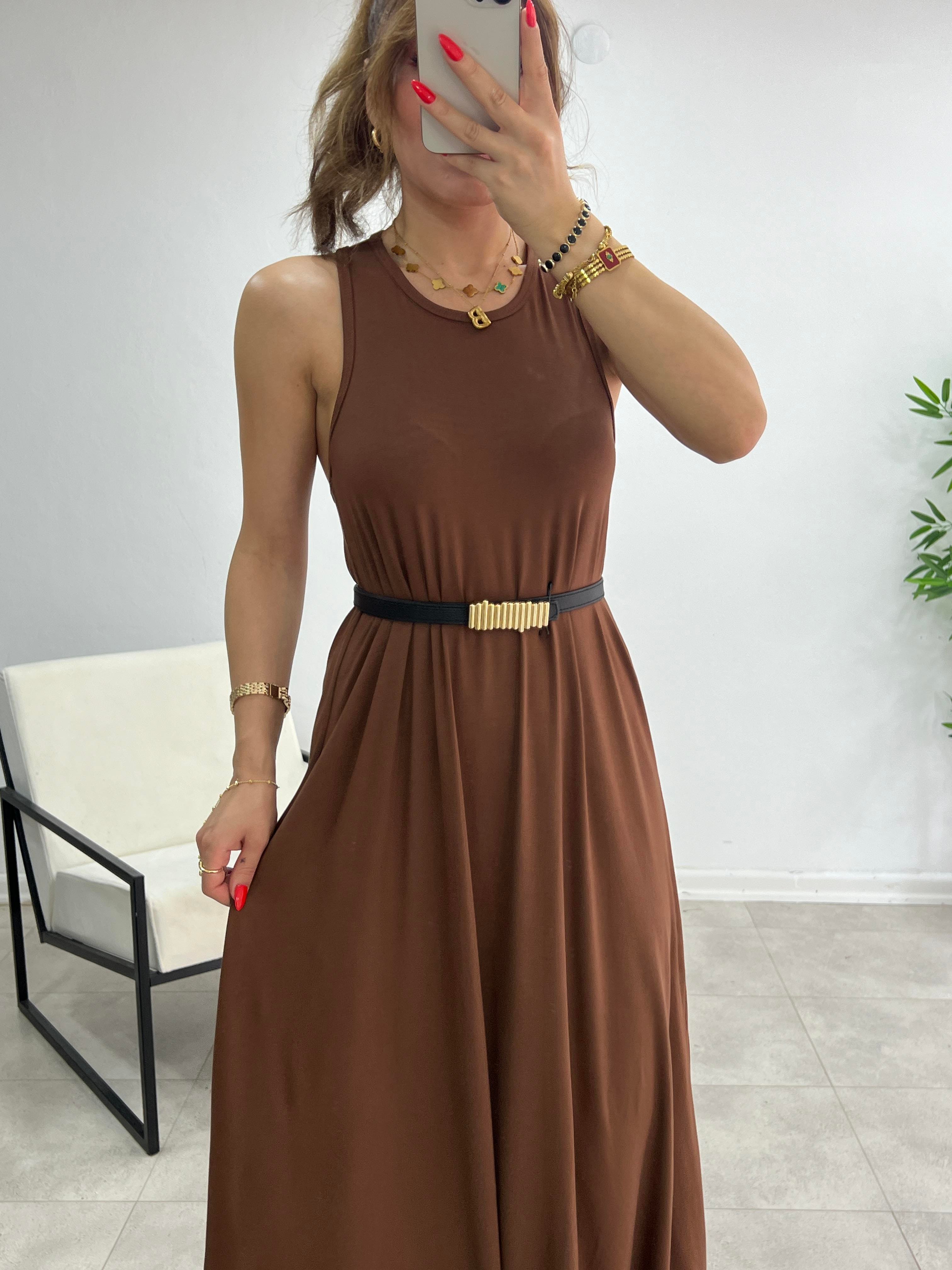 SIFIR YAKA MODAL KUMAŞ BASİC ELBİSE KAHVE