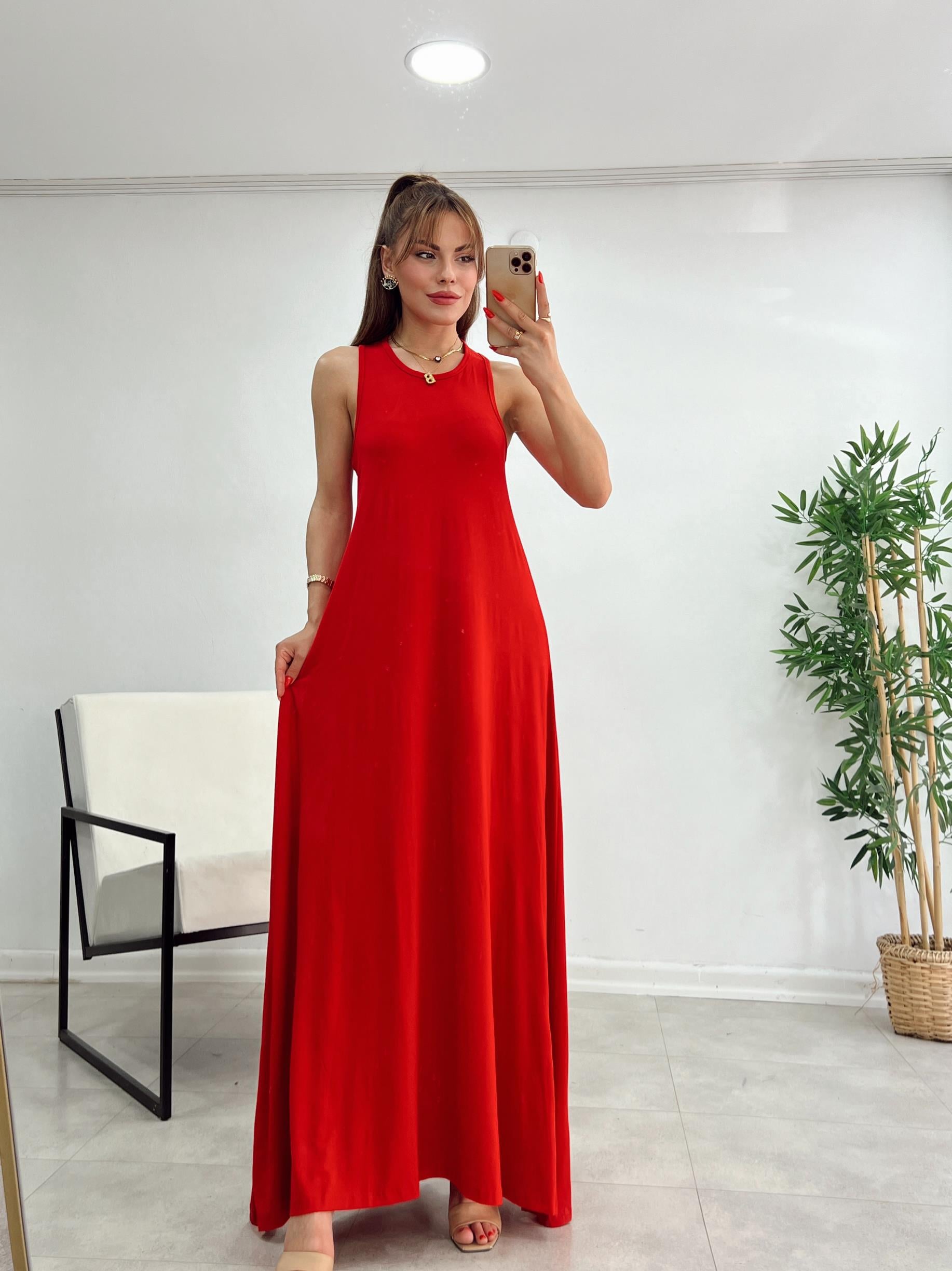 SIFIR YAKA MODAL KUMAŞ BASİC ELBİSE KIRMIZI