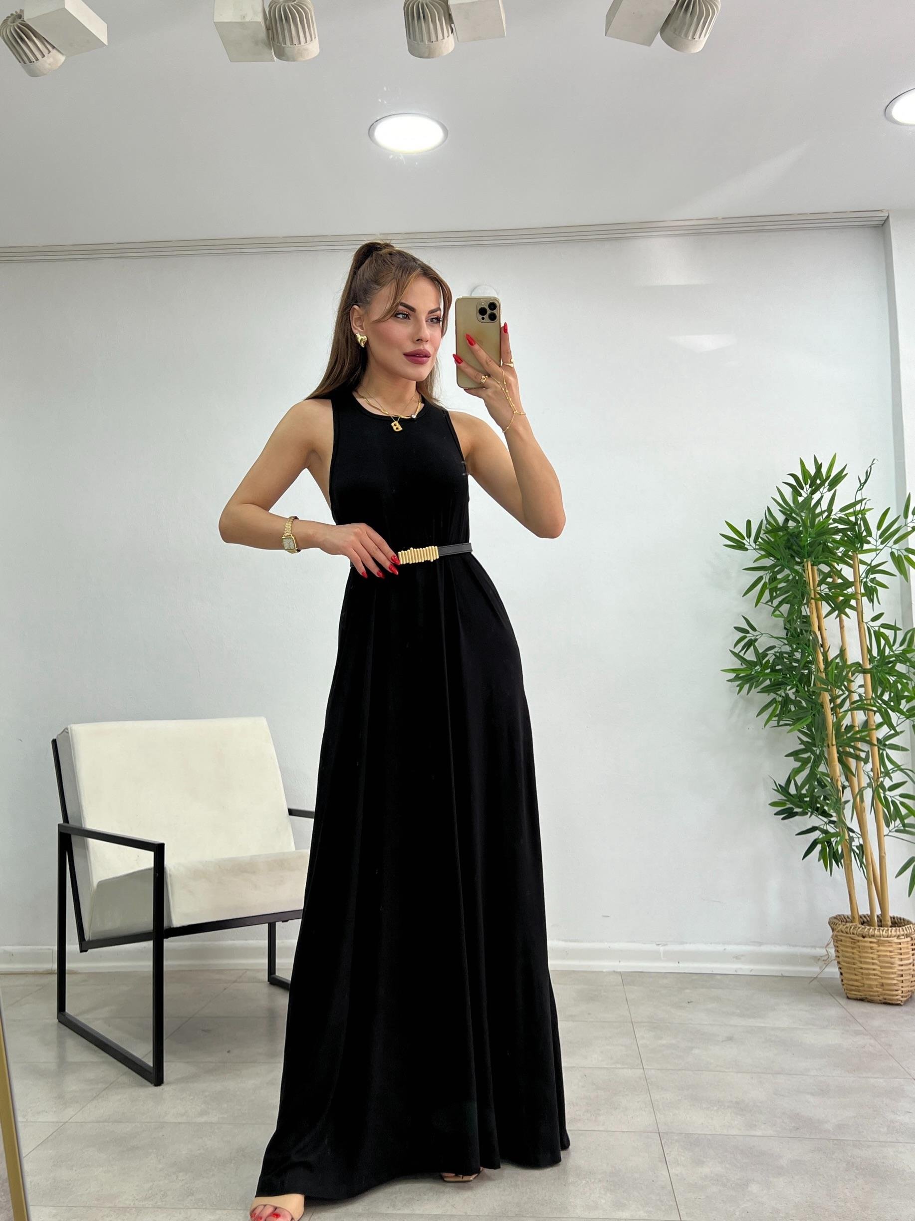 SIFIR YAKA MODAL KUMAŞ BASİC ELBİSE SİYAH