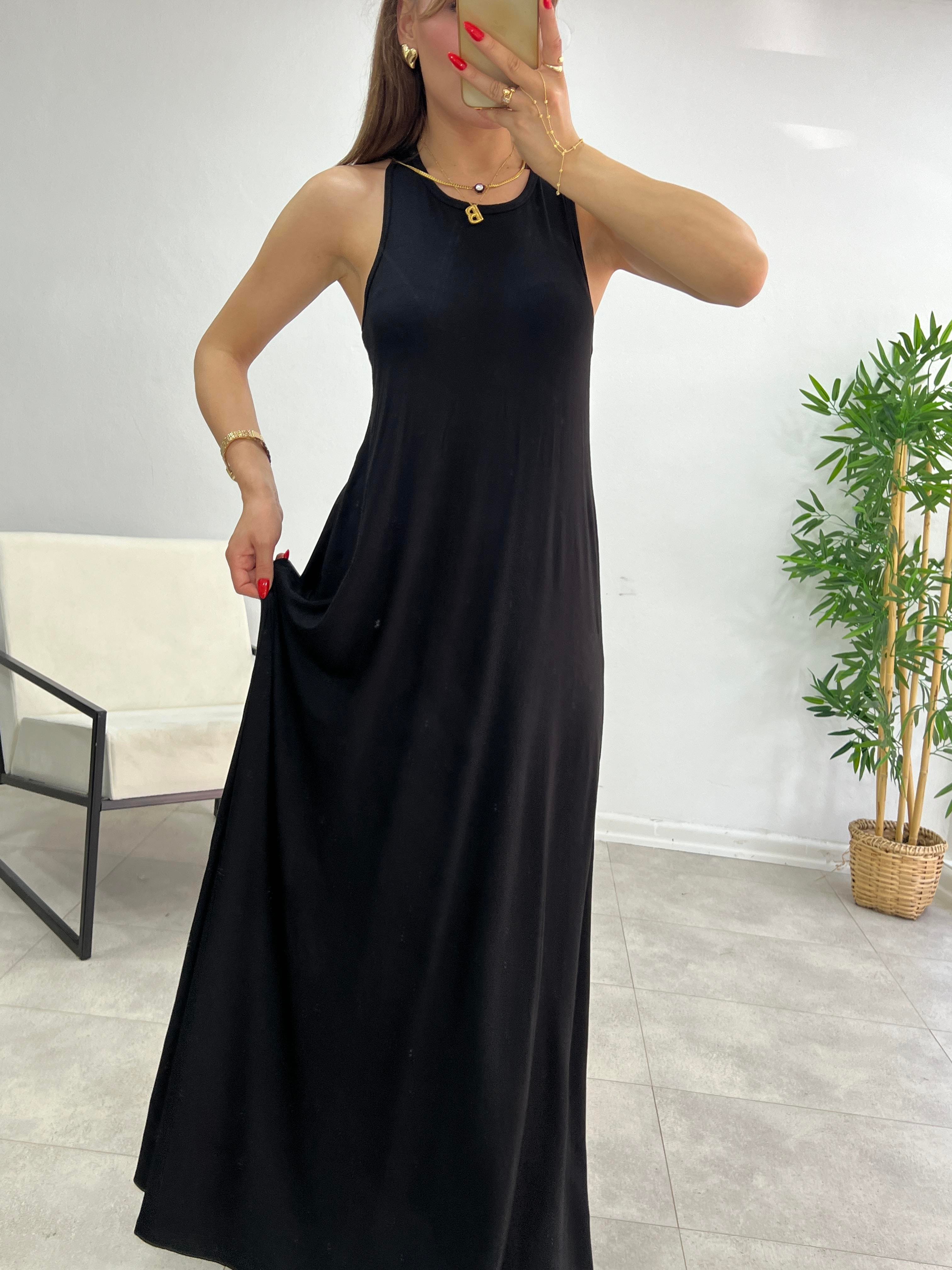 SIFIR YAKA MODAL KUMAŞ BASİC ELBİSE SİYAH