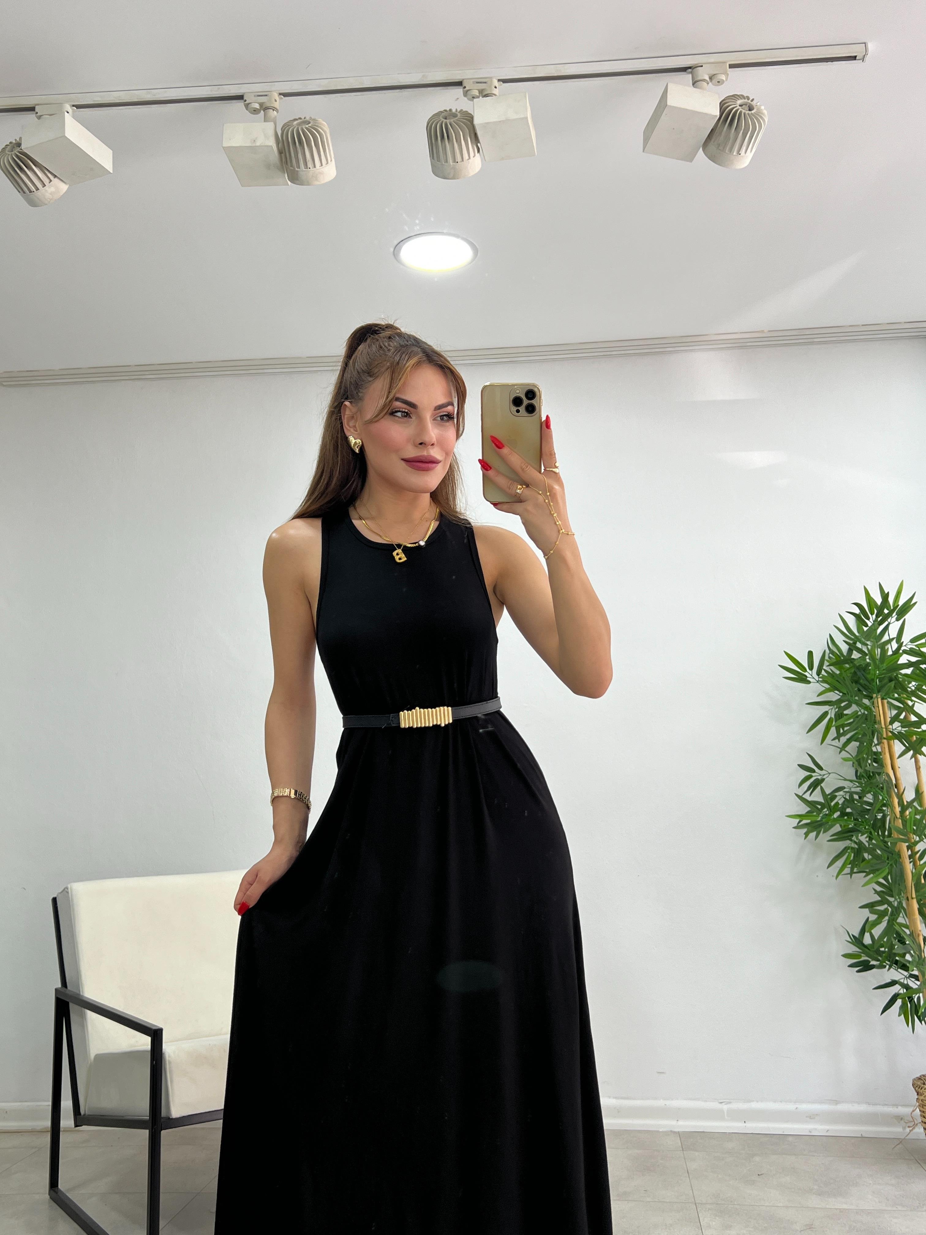 SIFIR YAKA MODAL KUMAŞ BASİC ELBİSE SİYAH