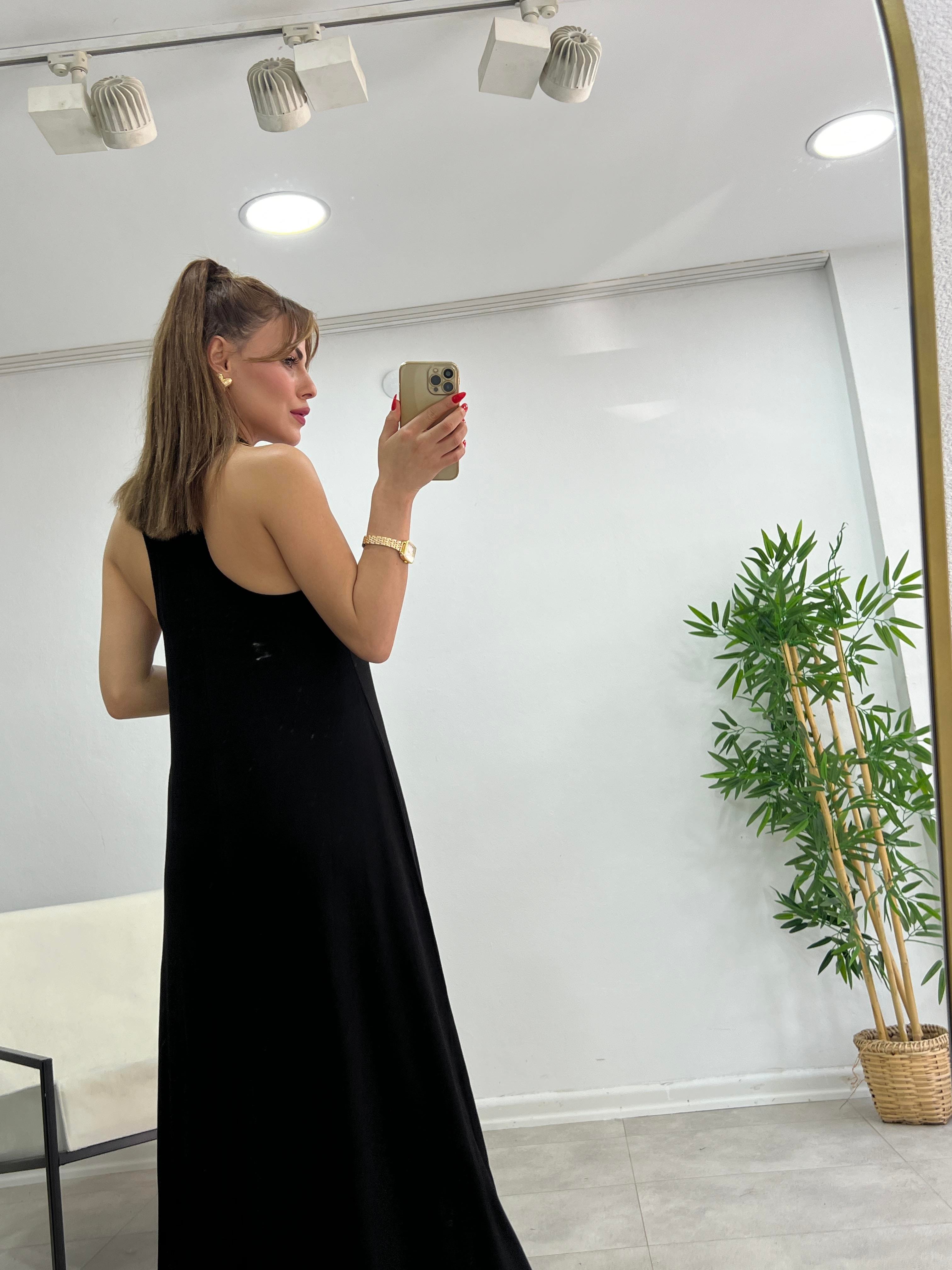 SIFIR YAKA MODAL KUMAŞ BASİC ELBİSE SİYAH