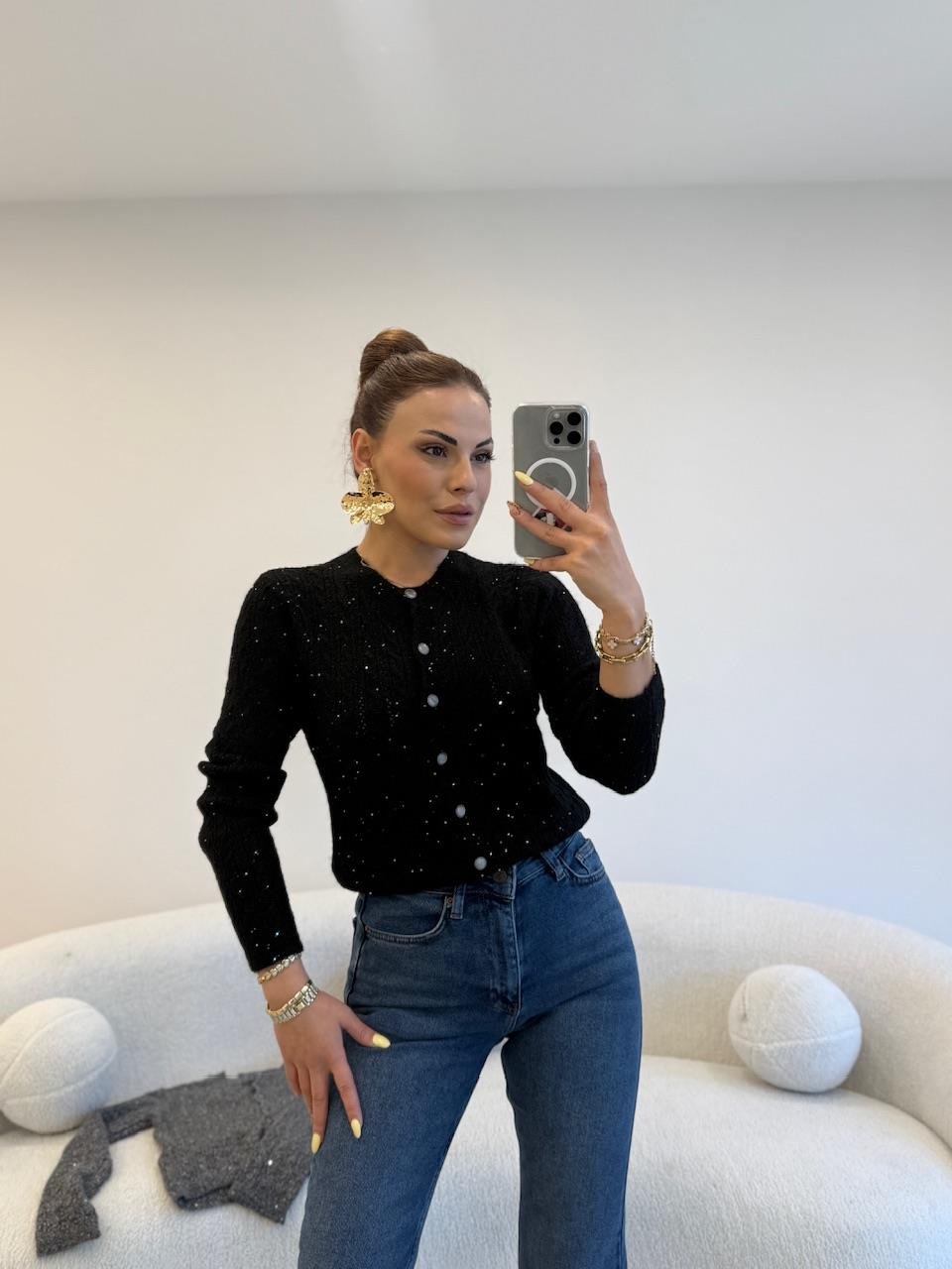 SİMLİ ÇİFT CEPLİ HIRKA SİYAH