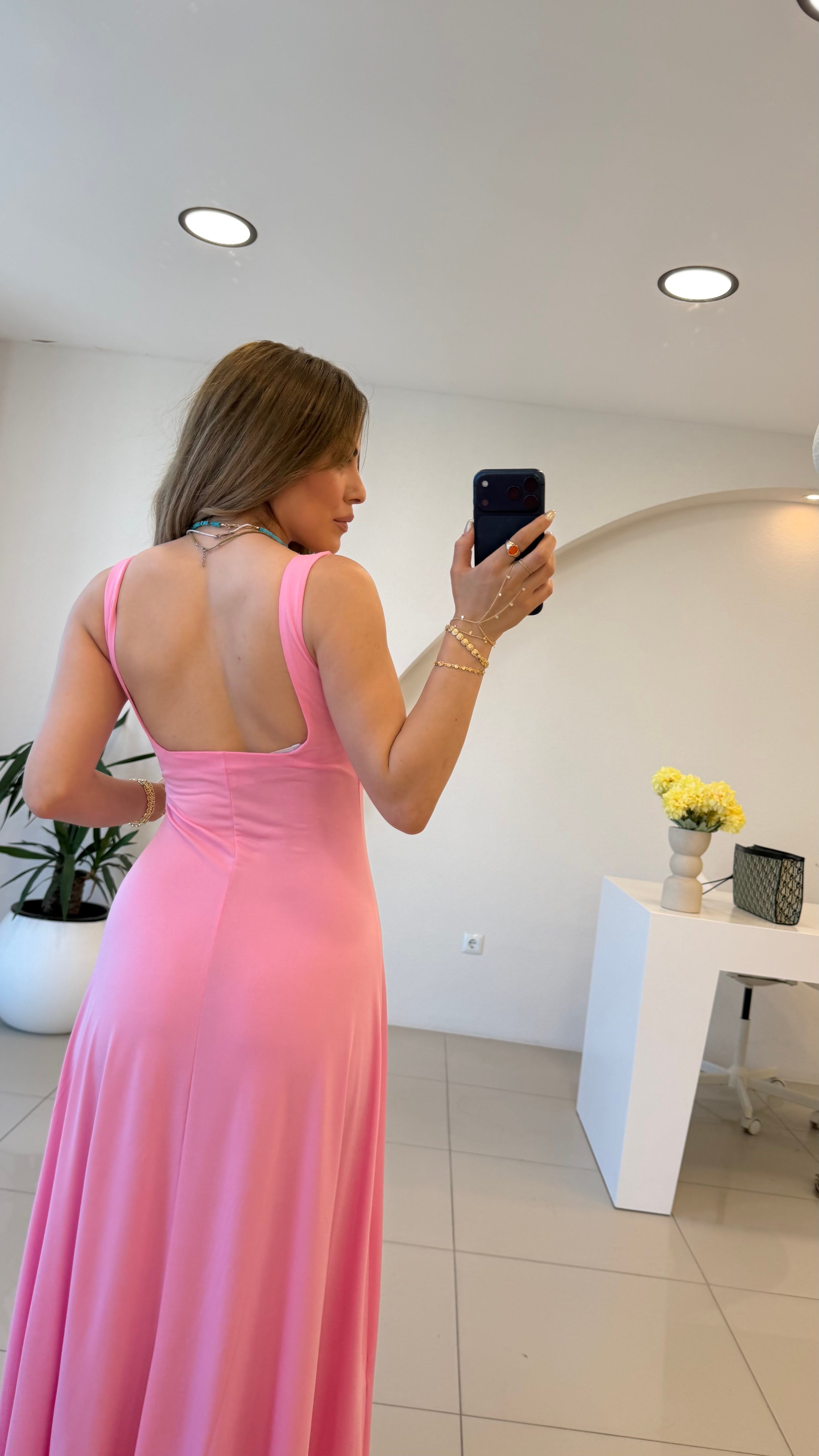 Sırt Dekolteli Askılı Elbise Pembe