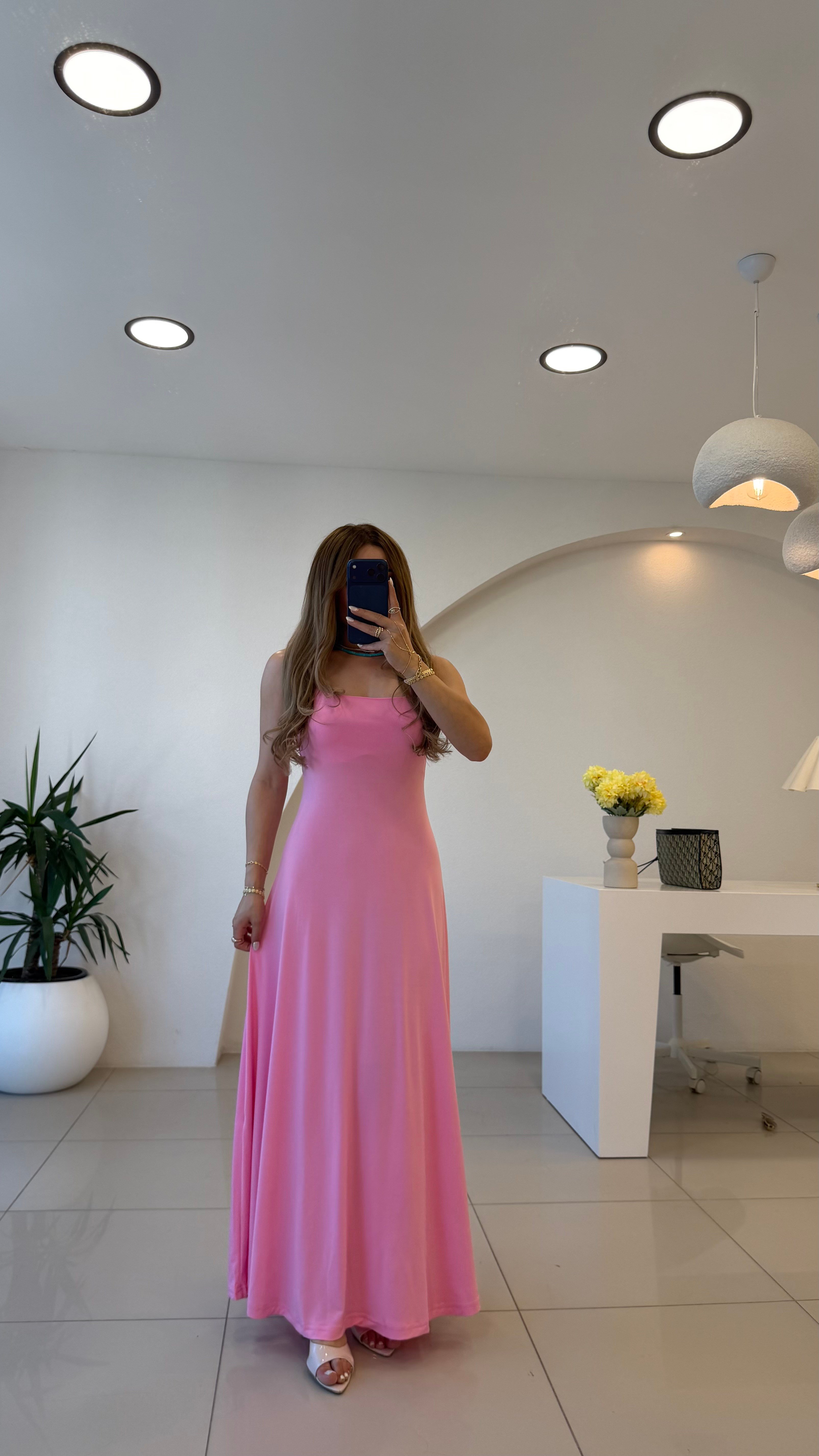 Sırt Dekolteli Askılı Elbise Pembe