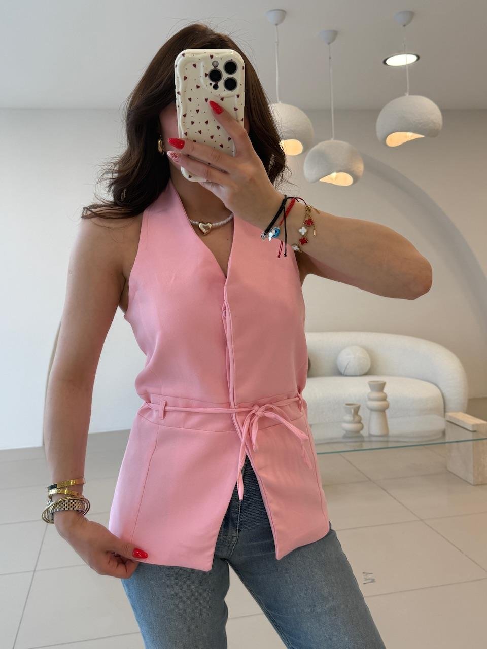 SIRT DEKOLTELİ BAĞLAMALI YELEK PEMBE