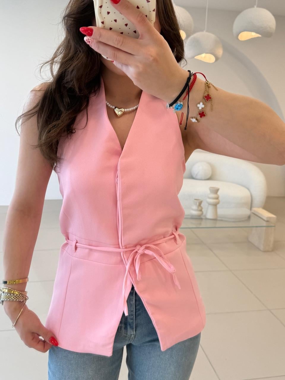 SIRT DEKOLTELİ BAĞLAMALI YELEK PEMBE