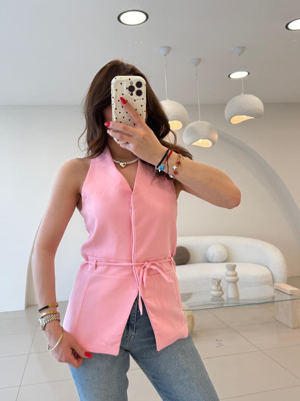 SIRT DEKOLTELİ BAĞLAMALI YELEK PEMBE