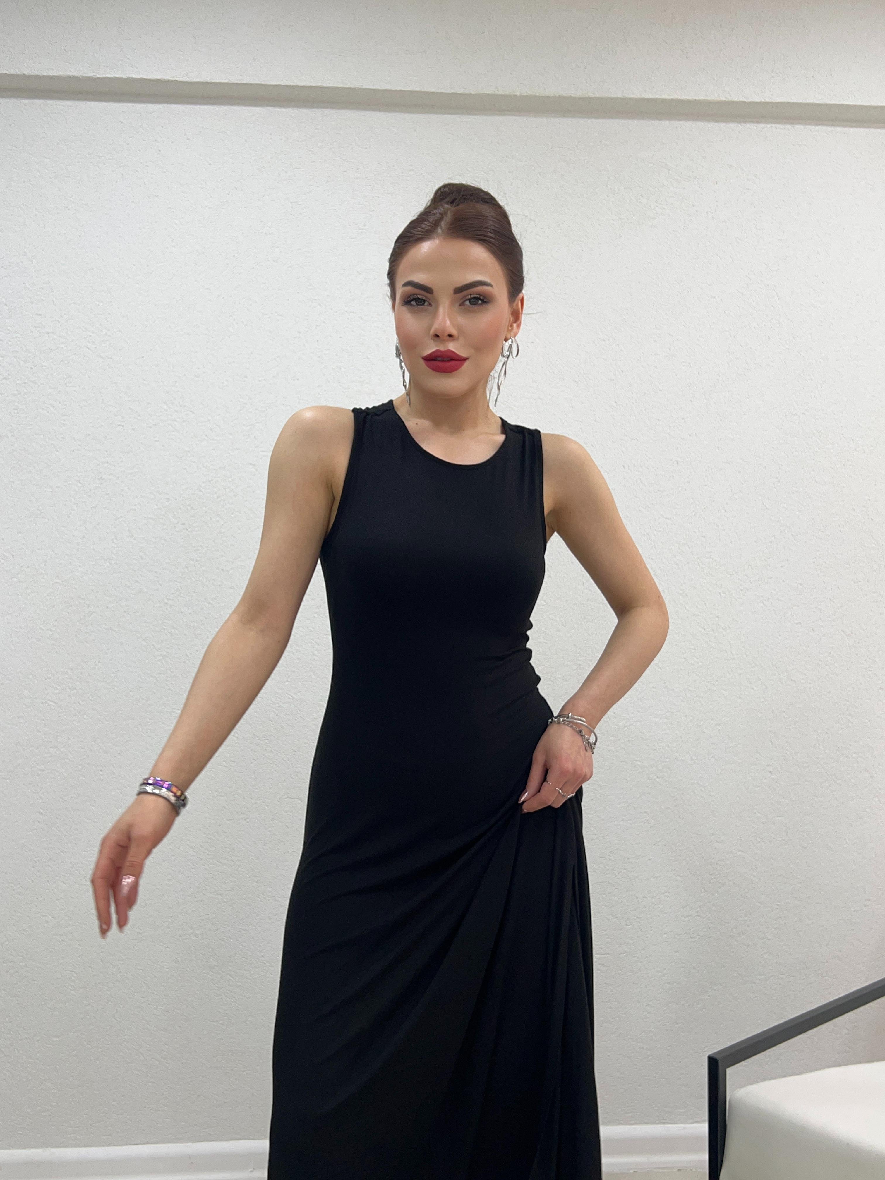 SIRT DEKOLTELİ ÇAPRAZ ELBİSE SİYAH