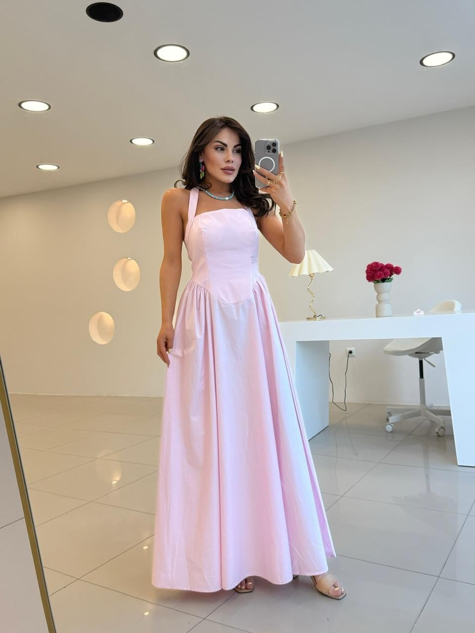 SIRT DEKOLTELİ POPLİN ELBİSE PEMBE