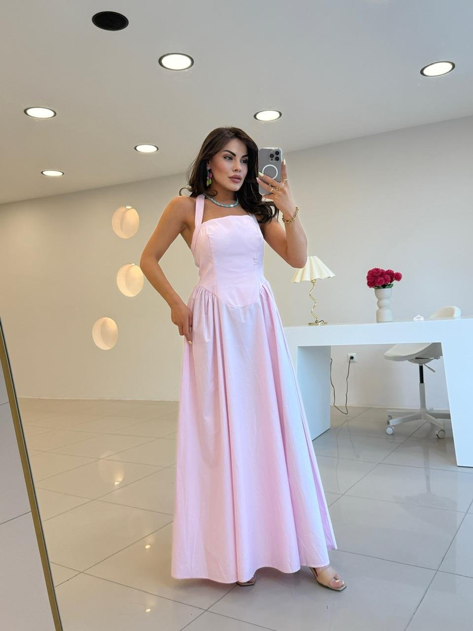 SIRT DEKOLTELİ POPLİN ELBİSE PEMBE