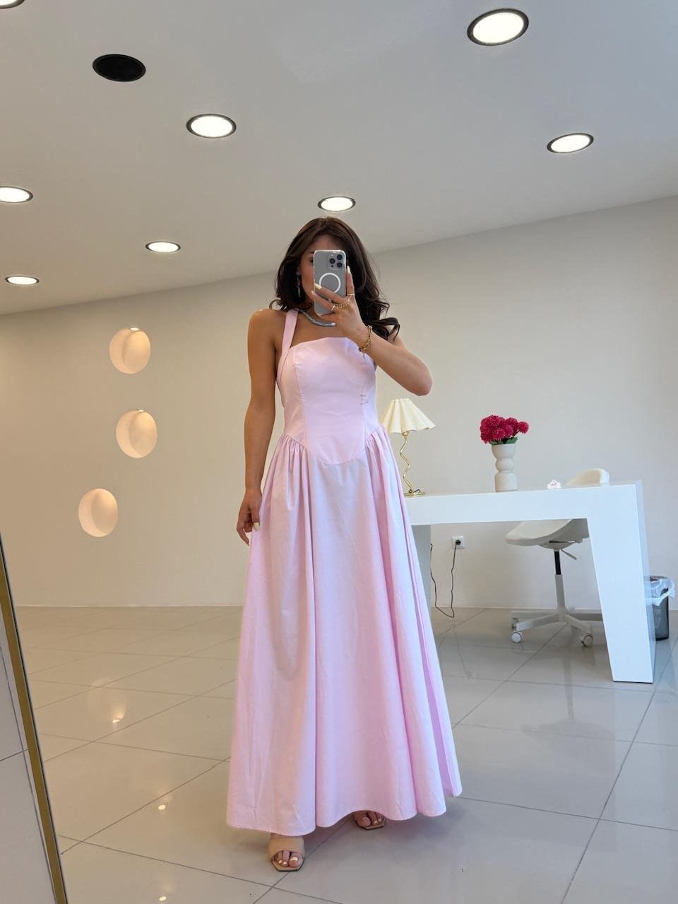 SIRT DEKOLTELİ POPLİN ELBİSE PEMBE