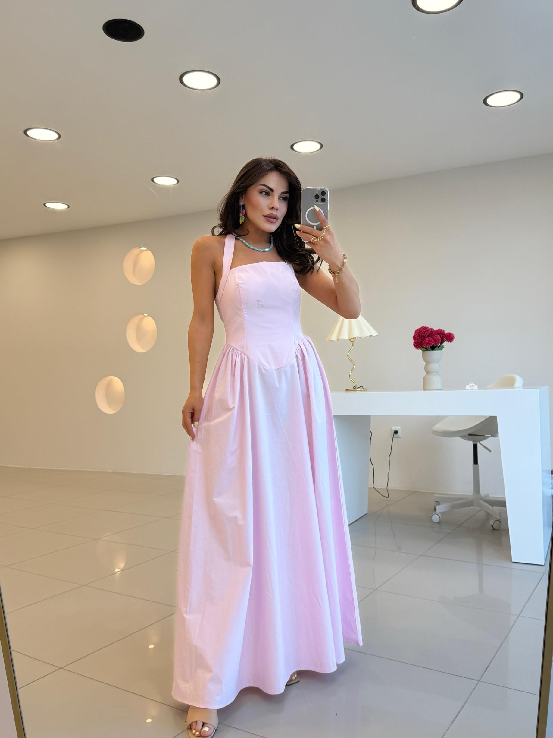 SIRT DEKOLTELİ POPLİN ELBİSE PEMBE