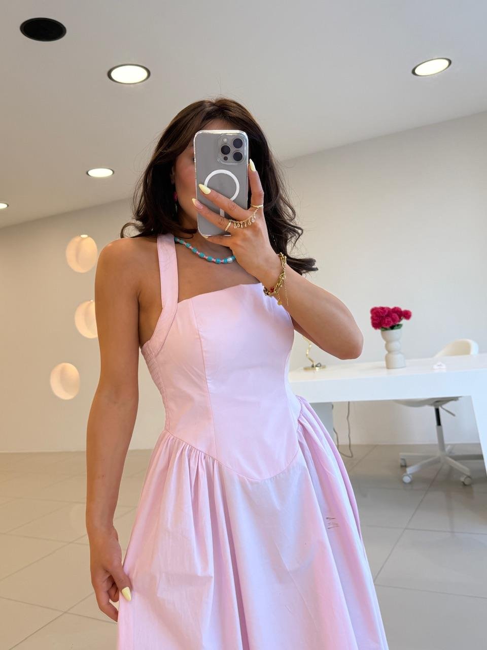 SIRT DEKOLTELİ POPLİN ELBİSE PEMBE