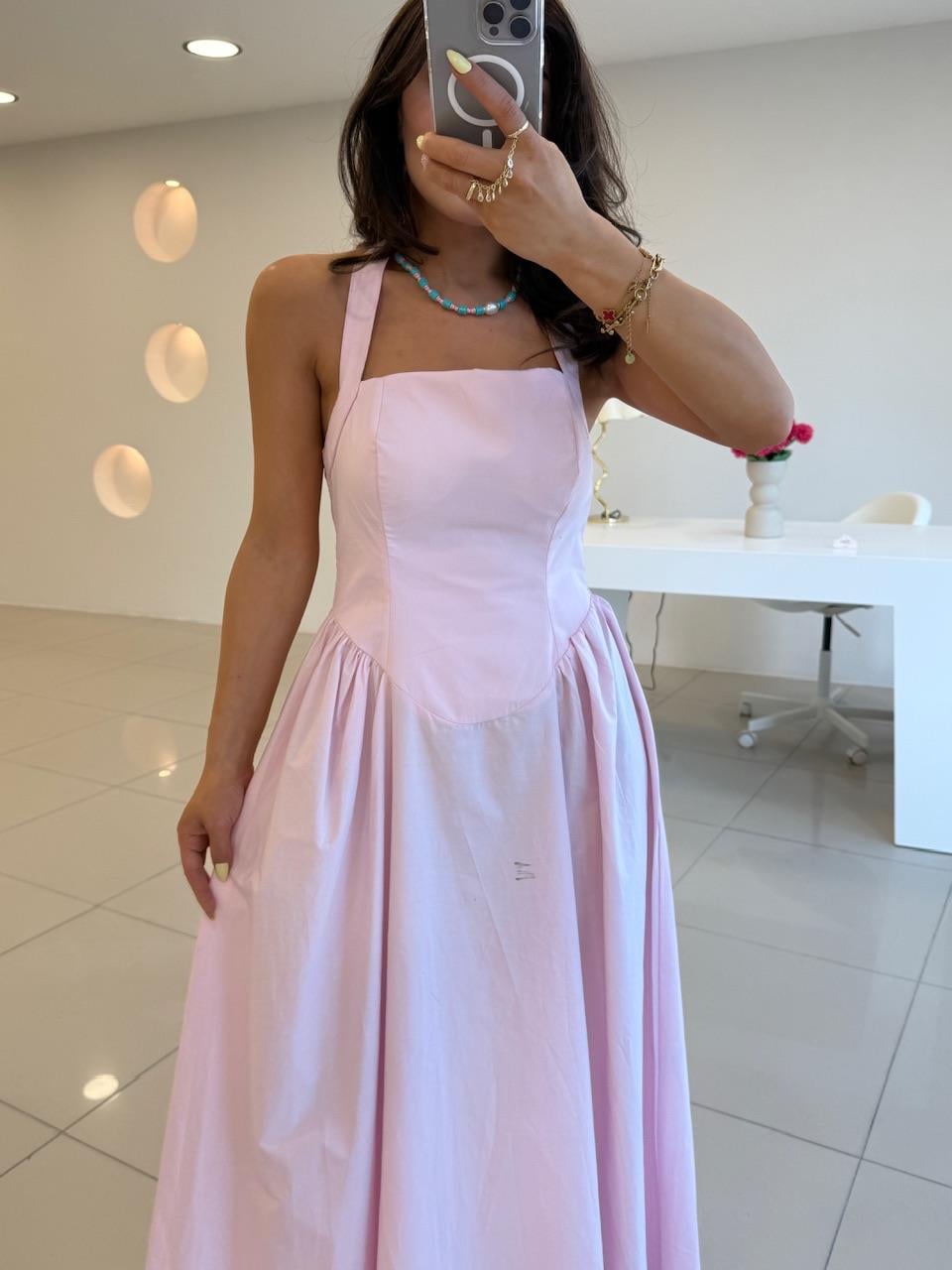 SIRT DEKOLTELİ POPLİN ELBİSE PEMBE