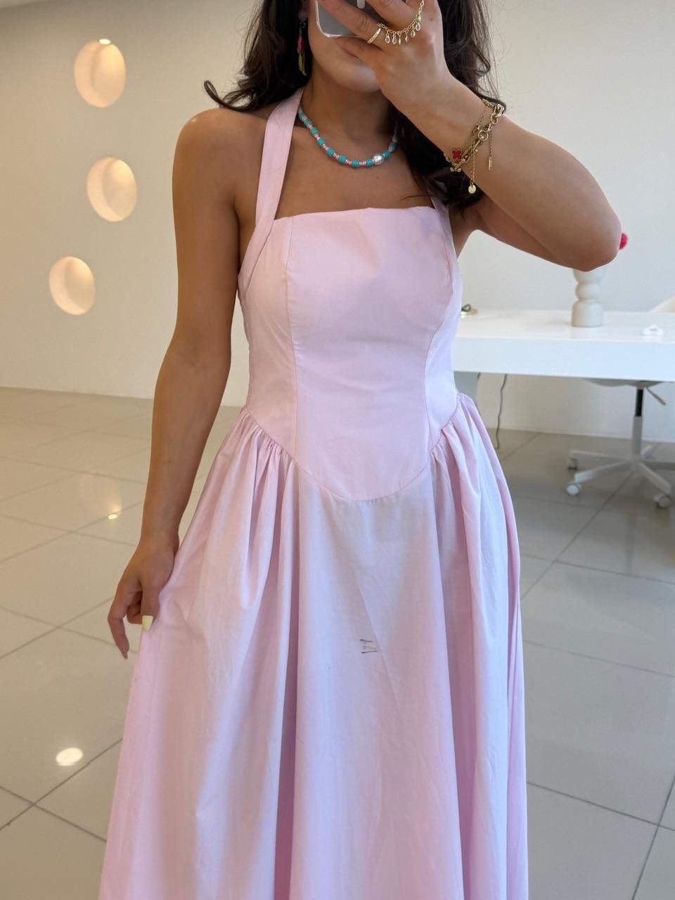 SIRT DEKOLTELİ POPLİN ELBİSE PEMBE