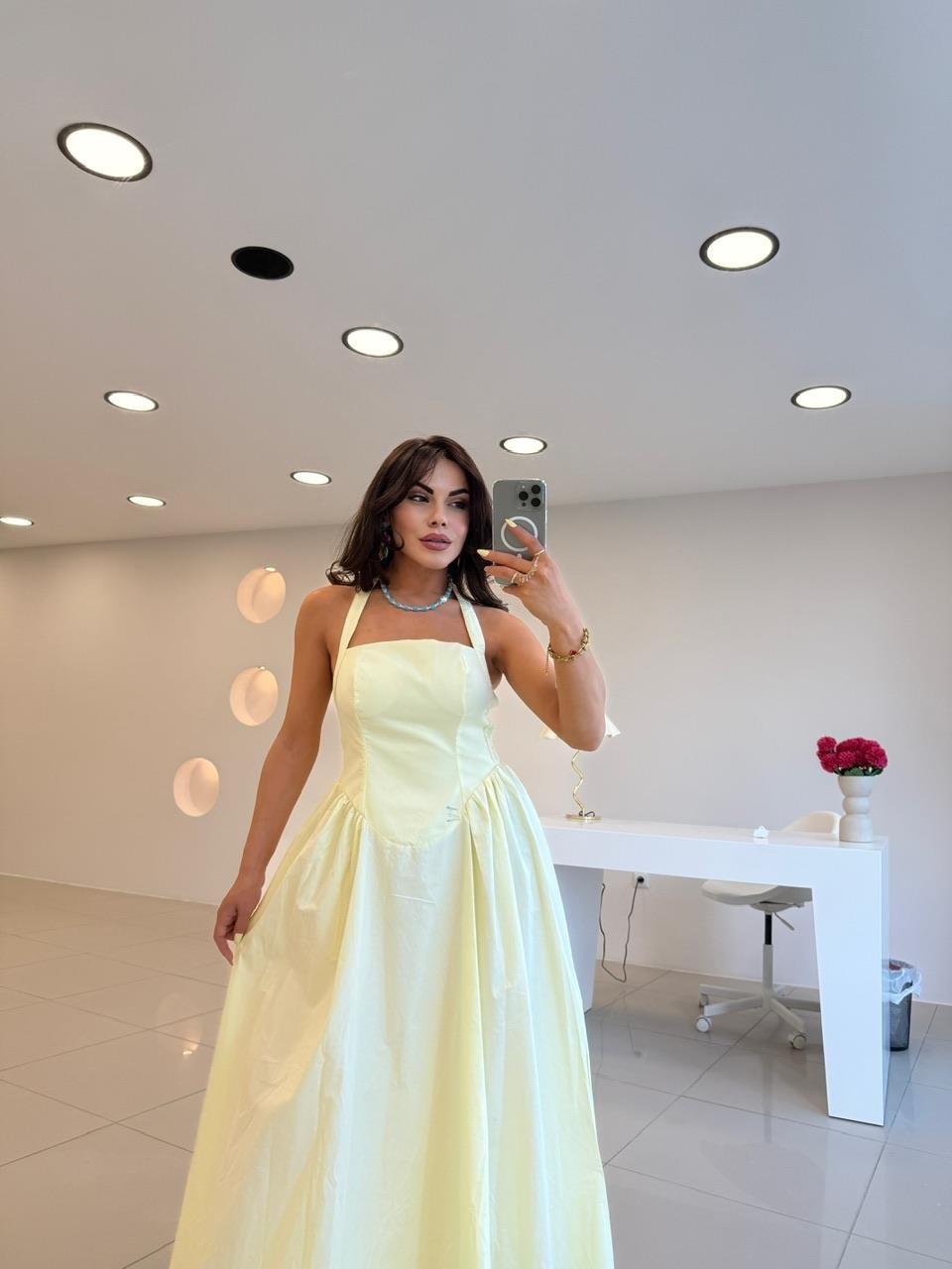 SIRT DEKOLTELİ POPLİN ELBİSE SARI