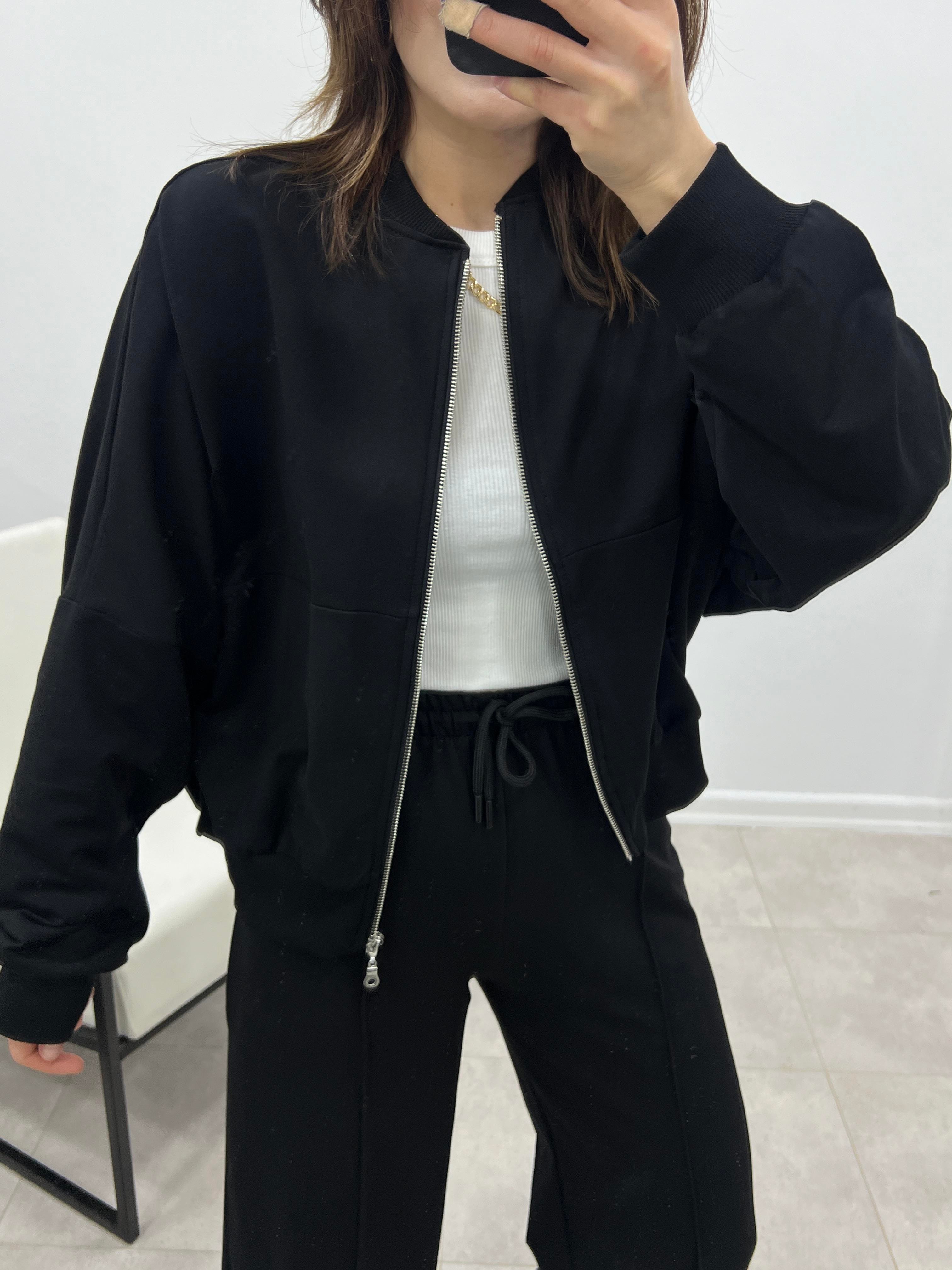 SİYAH FAYE FERMUARLI SWEATSHİRT EŞOFMAN TAKIMI