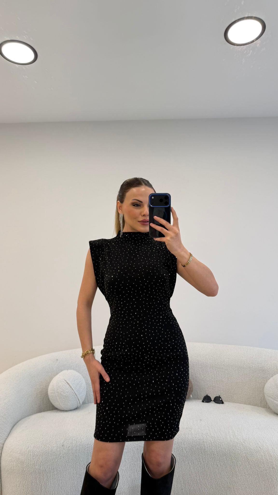 SİYAH FULL TAŞLI KOLSUZ MİNİ ELBİSE