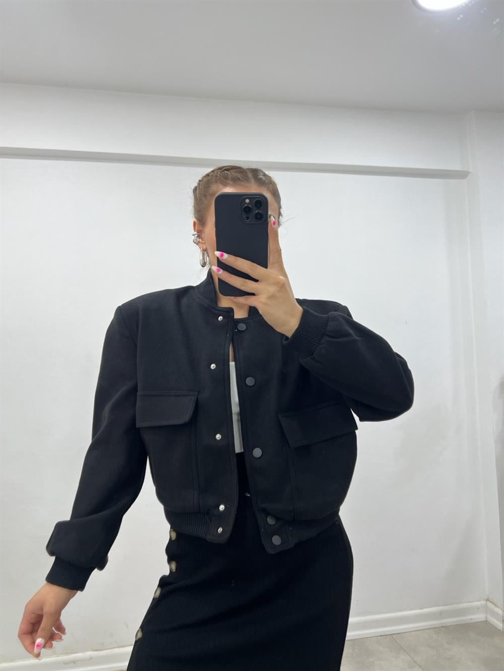 SİYAH GENİŞ CEPLİ BOMBER CEKET