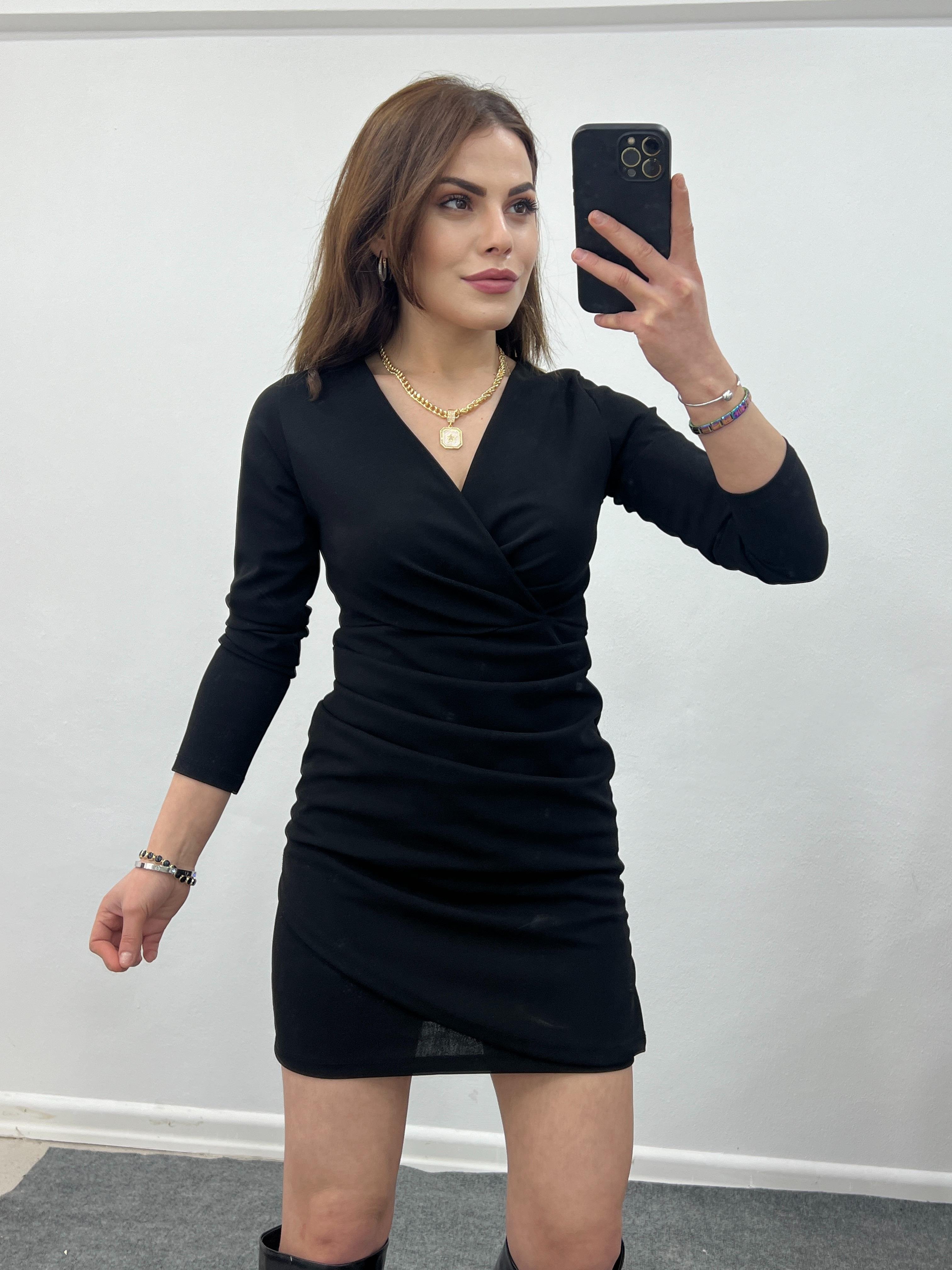 SİYAH KRUVAZE DRAPELİ ELBİSE