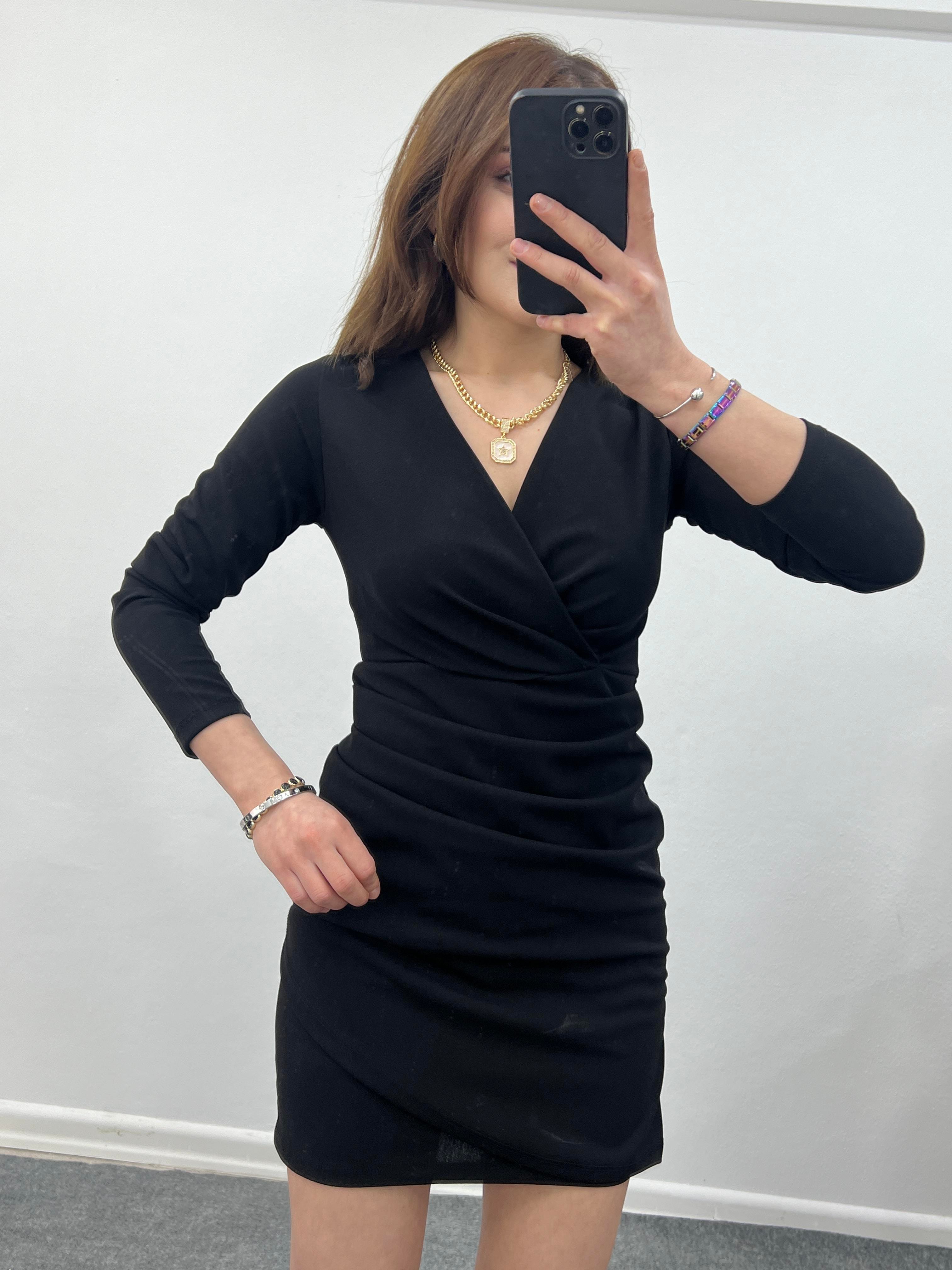 SİYAH KRUVAZE DRAPELİ ELBİSE