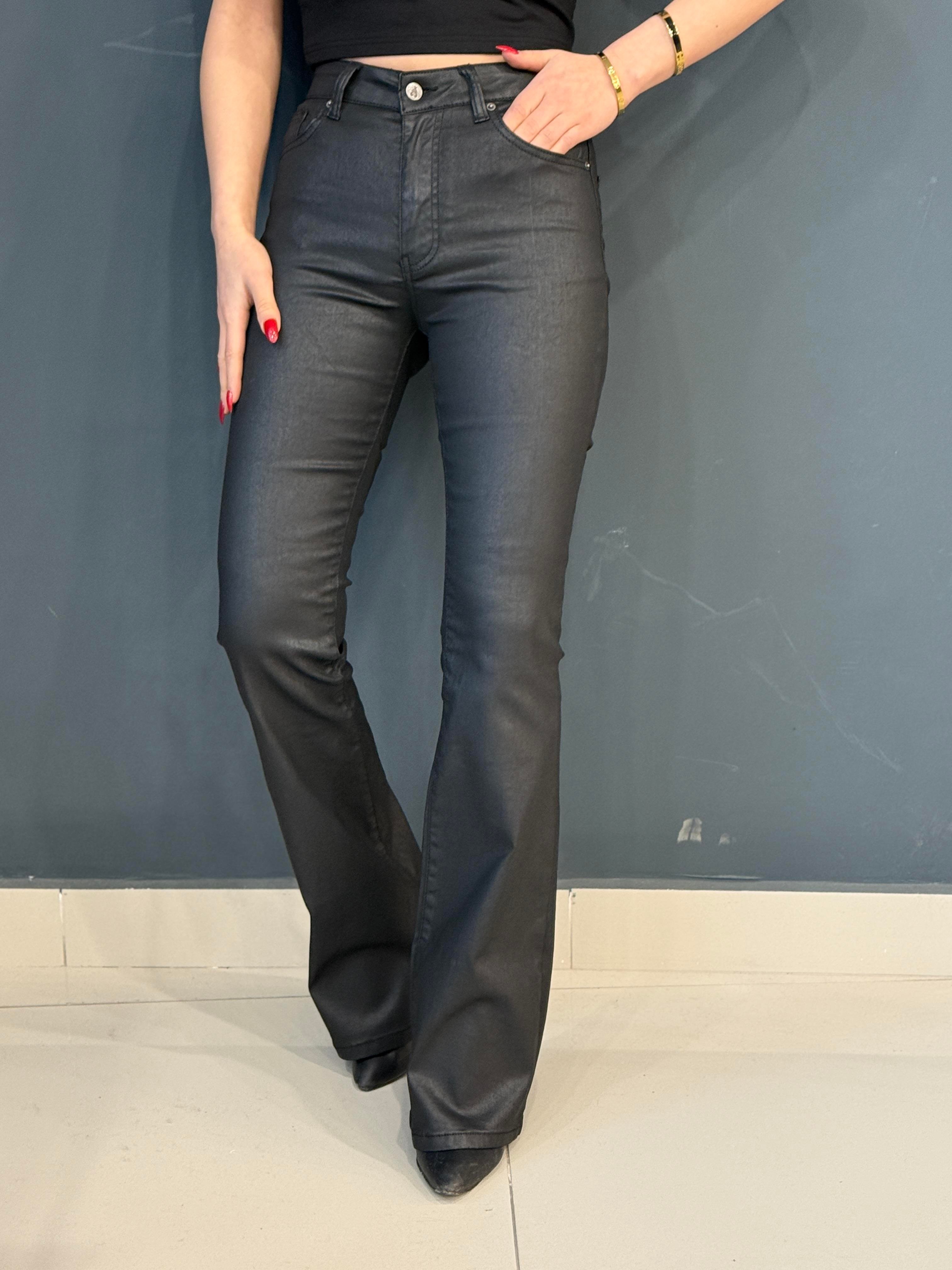 SİYAH MUM KAPLAMA İSPANYOL PAÇA TOPARLAYICI PANTOLON 