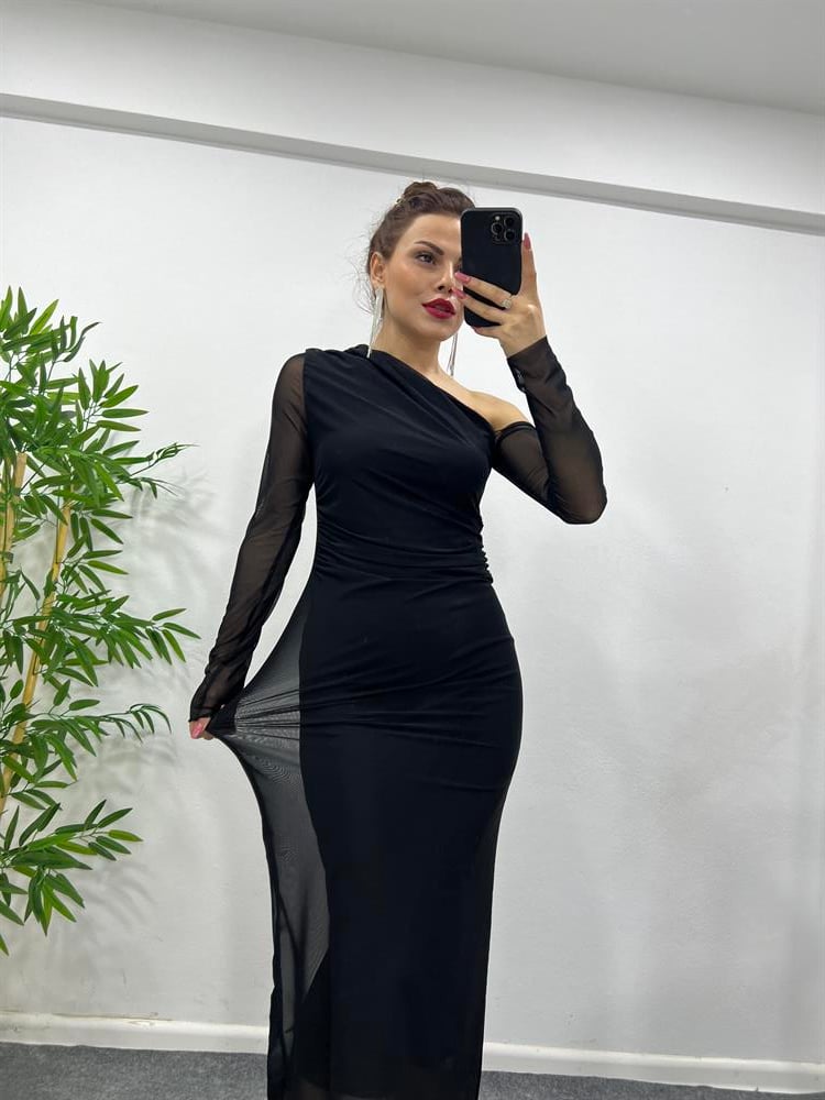 SİYAH TEK OMUZ DRAPELİ ELBİSE