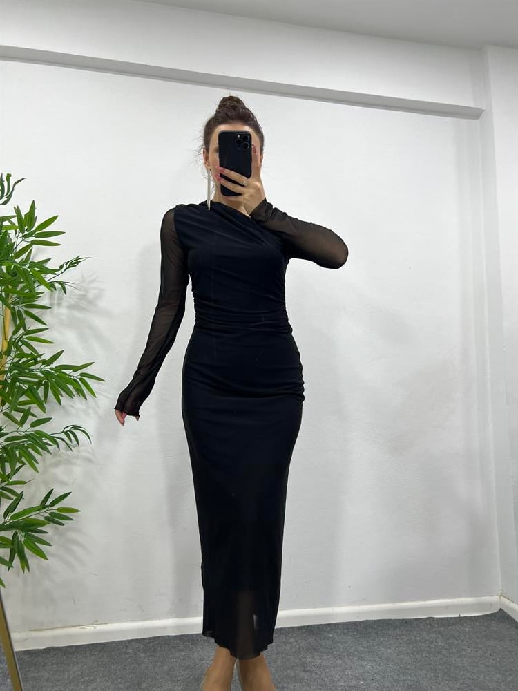 SİYAH TEK OMUZ DRAPELİ ELBİSE