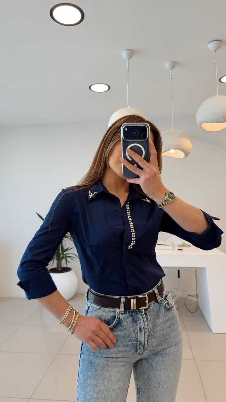 SLİM FİT TAŞLI GÖMLEK LACİVERT