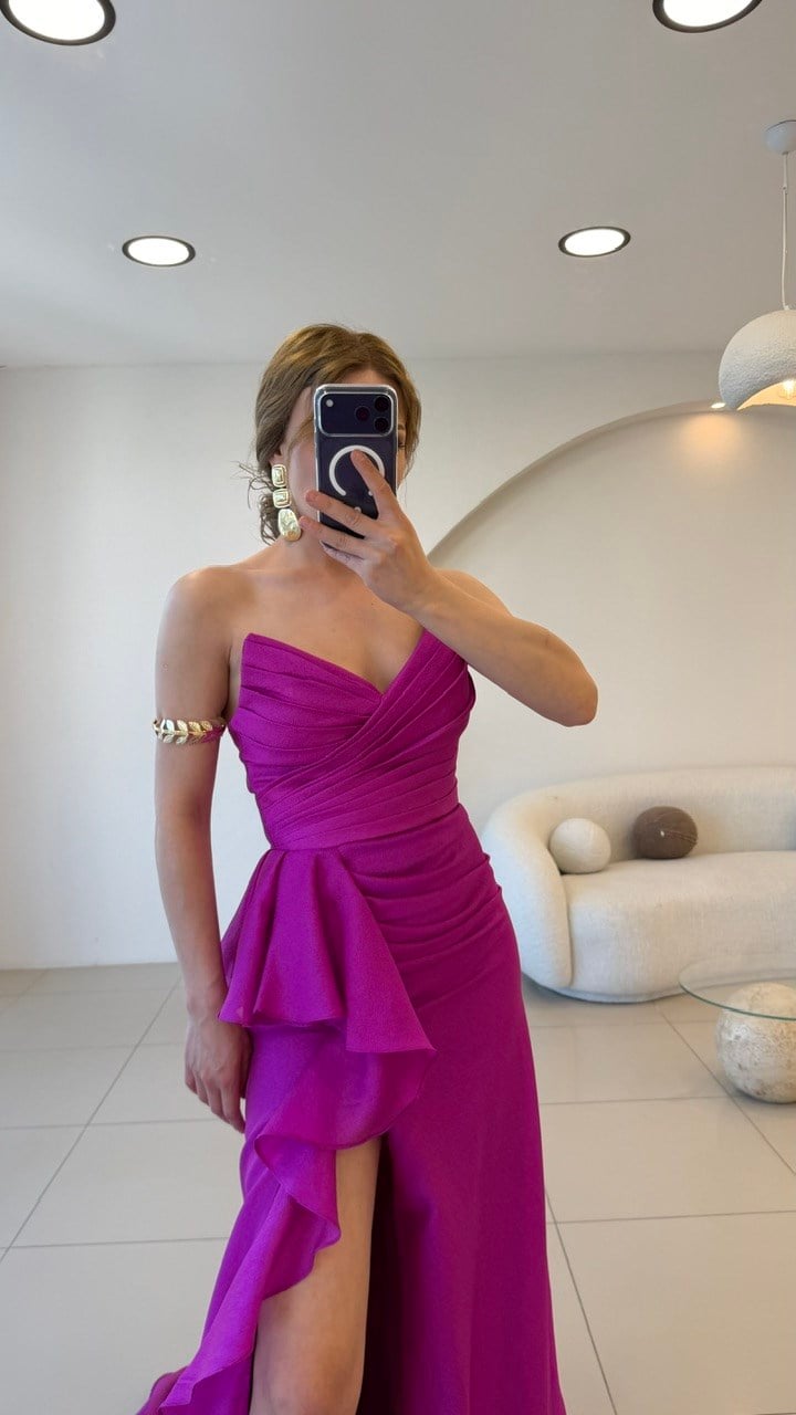 Straplez Arka Bağlamalı Drapeli Elbise Pembe