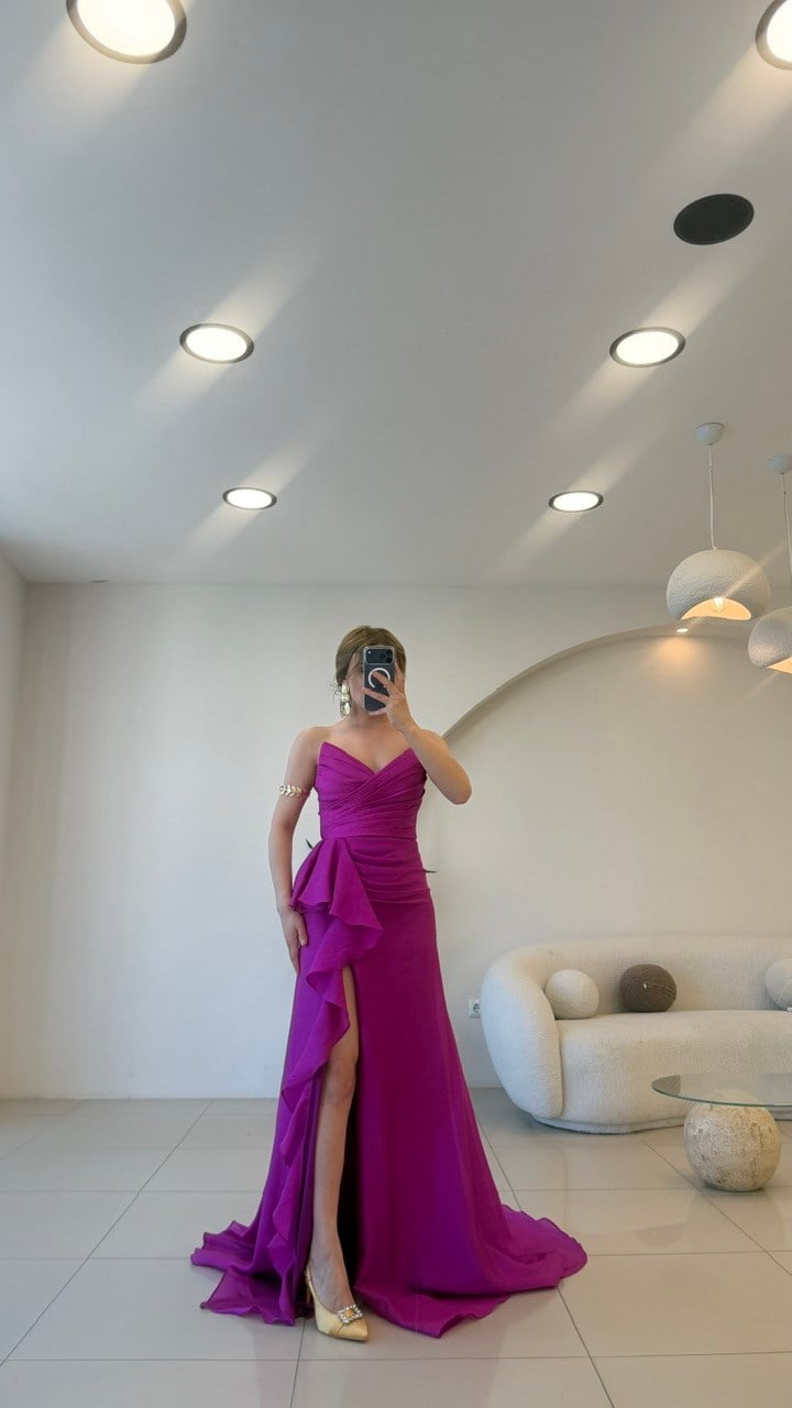 Straplez Arka Bağlamalı Drapeli Elbise Pembe
