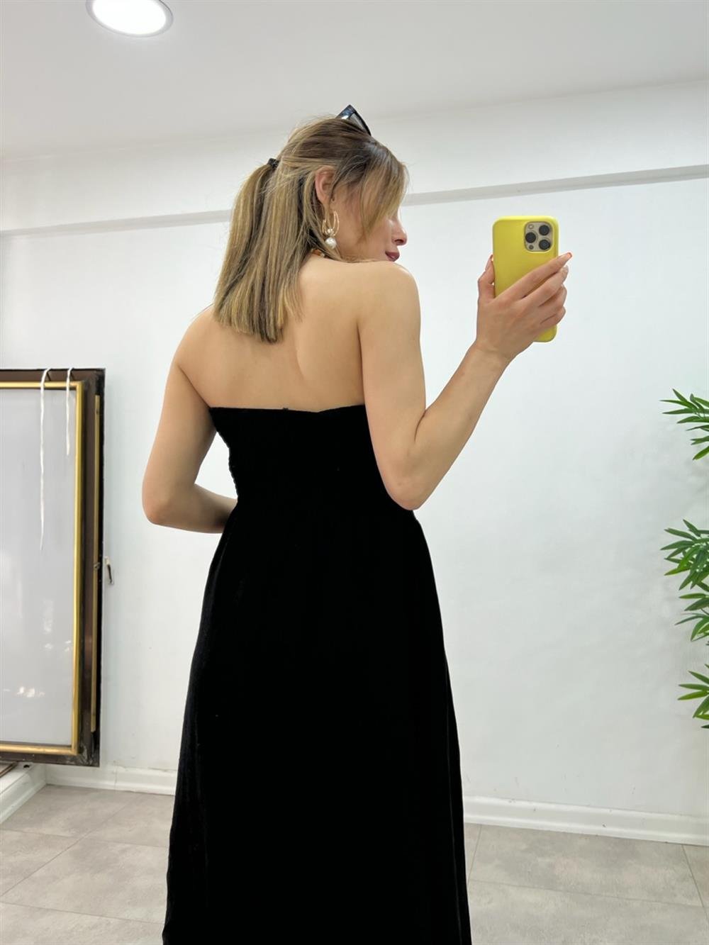 STRAPLEZ KETEN ELBİSE SİYAH