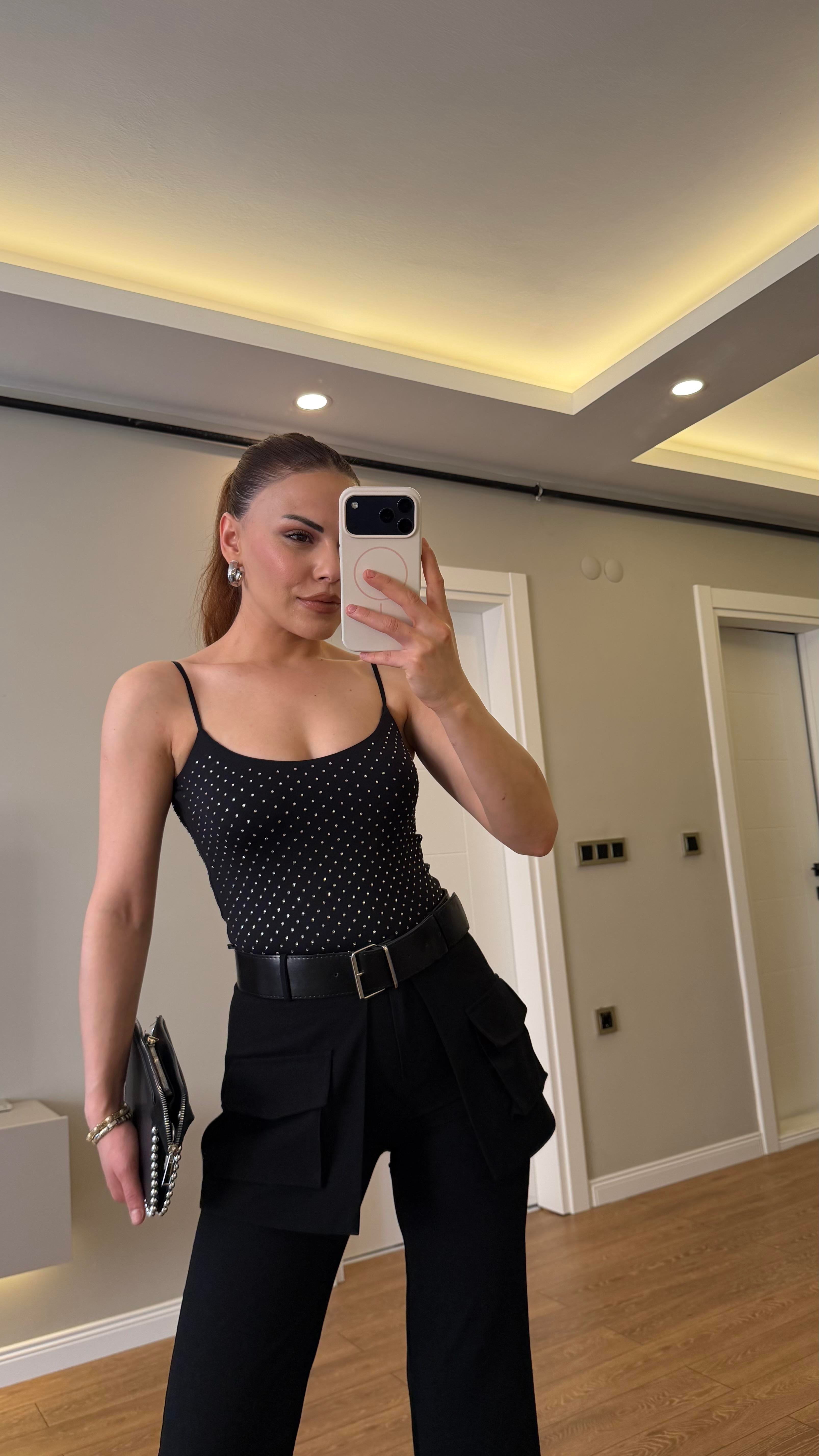 Taş Detaylı Bady Suıt Siyah 