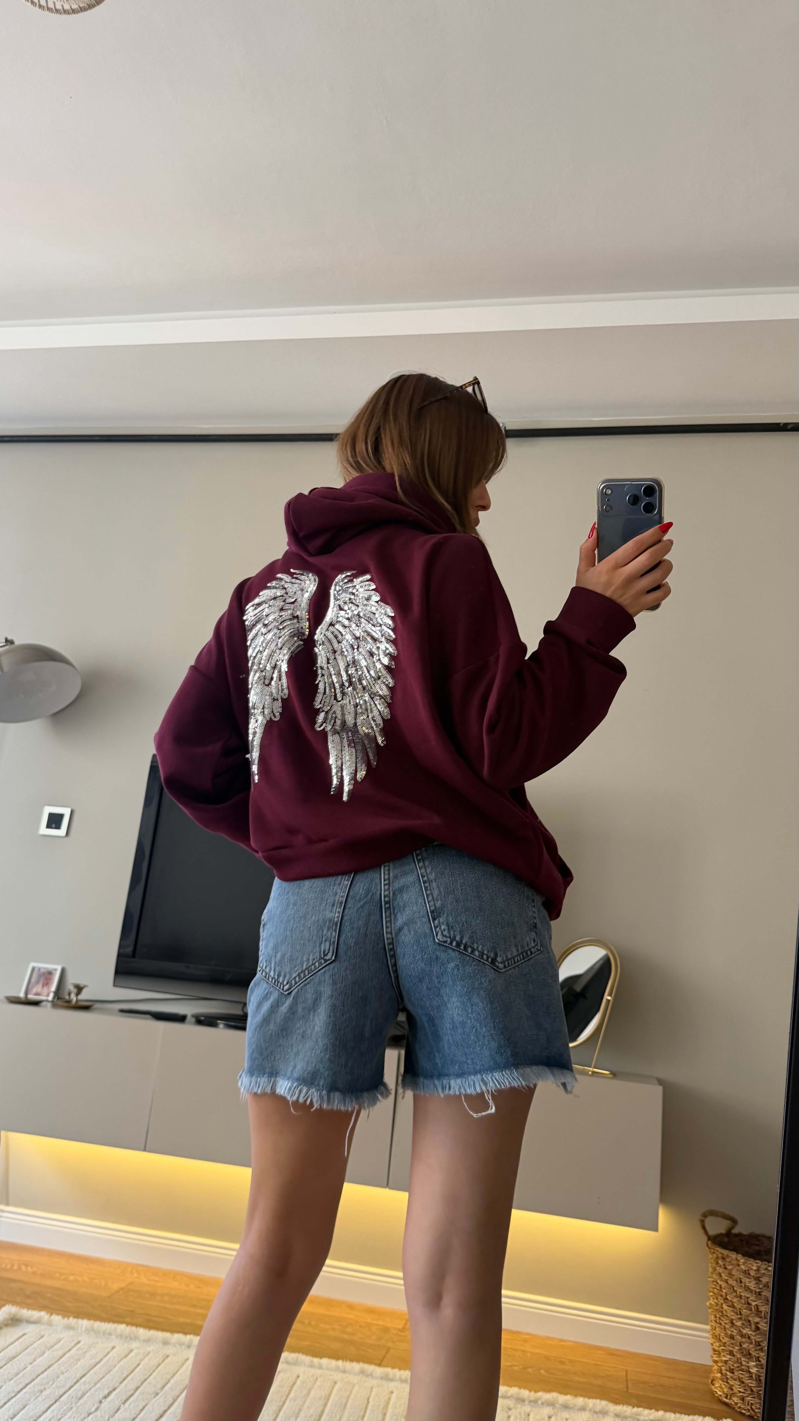 Taş İşlemeli Kanat Detaylı Kapüşonlu Sweatshırt Borda