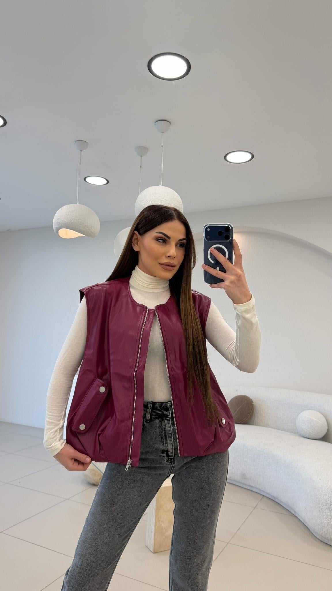 TASARIM ASTARLI DERİ YELEK  BORDO