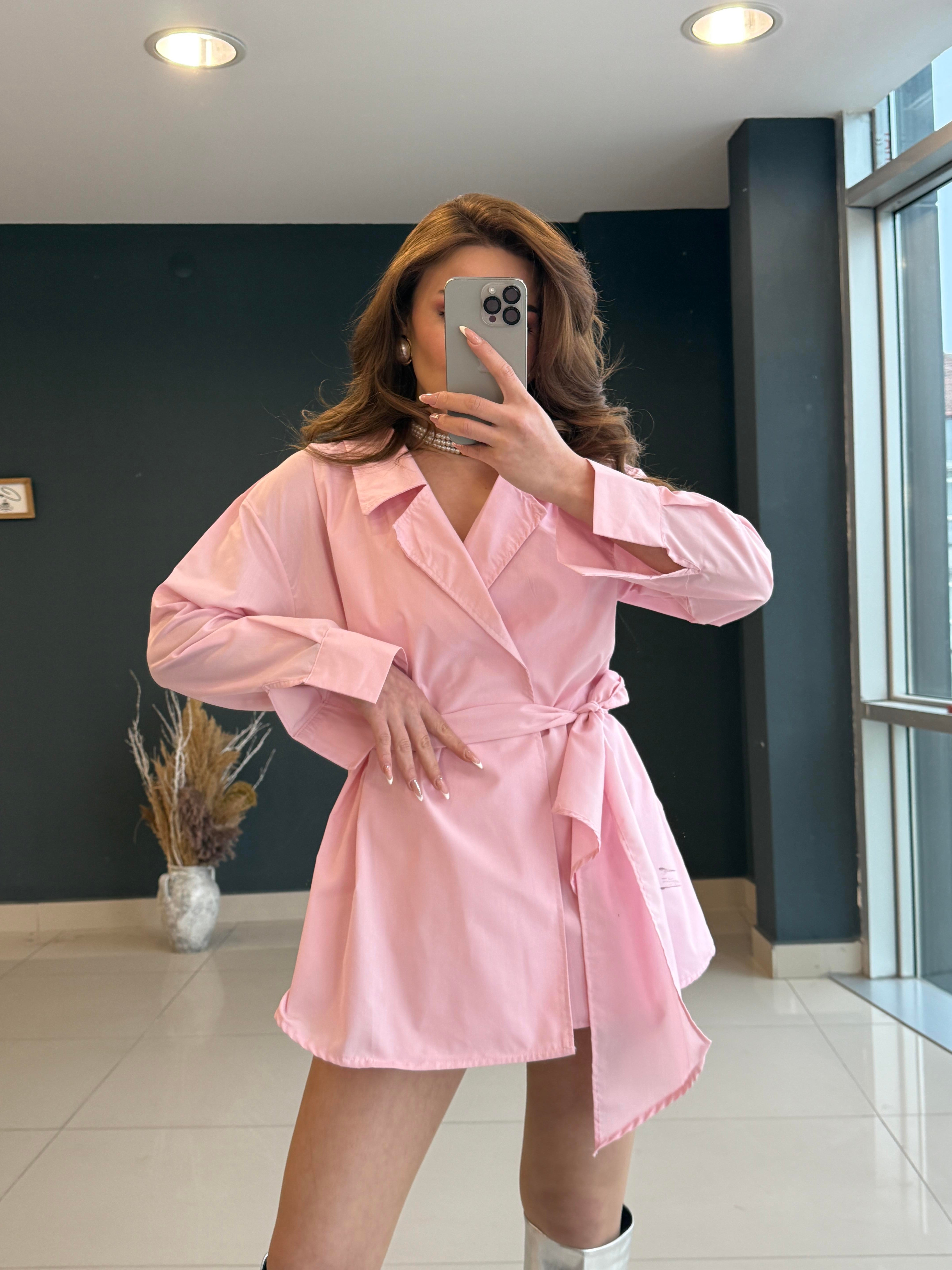TASARIM BELDEN BAĞLAMALI POPLİN GÖMLEK PEMBE