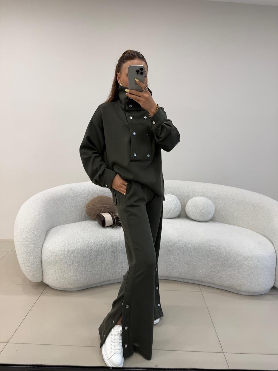 TASARIM DİK YAKA ÇITÇIT DETAYLI EŞOFMAN TAKIMI HAKİ YEŞİL