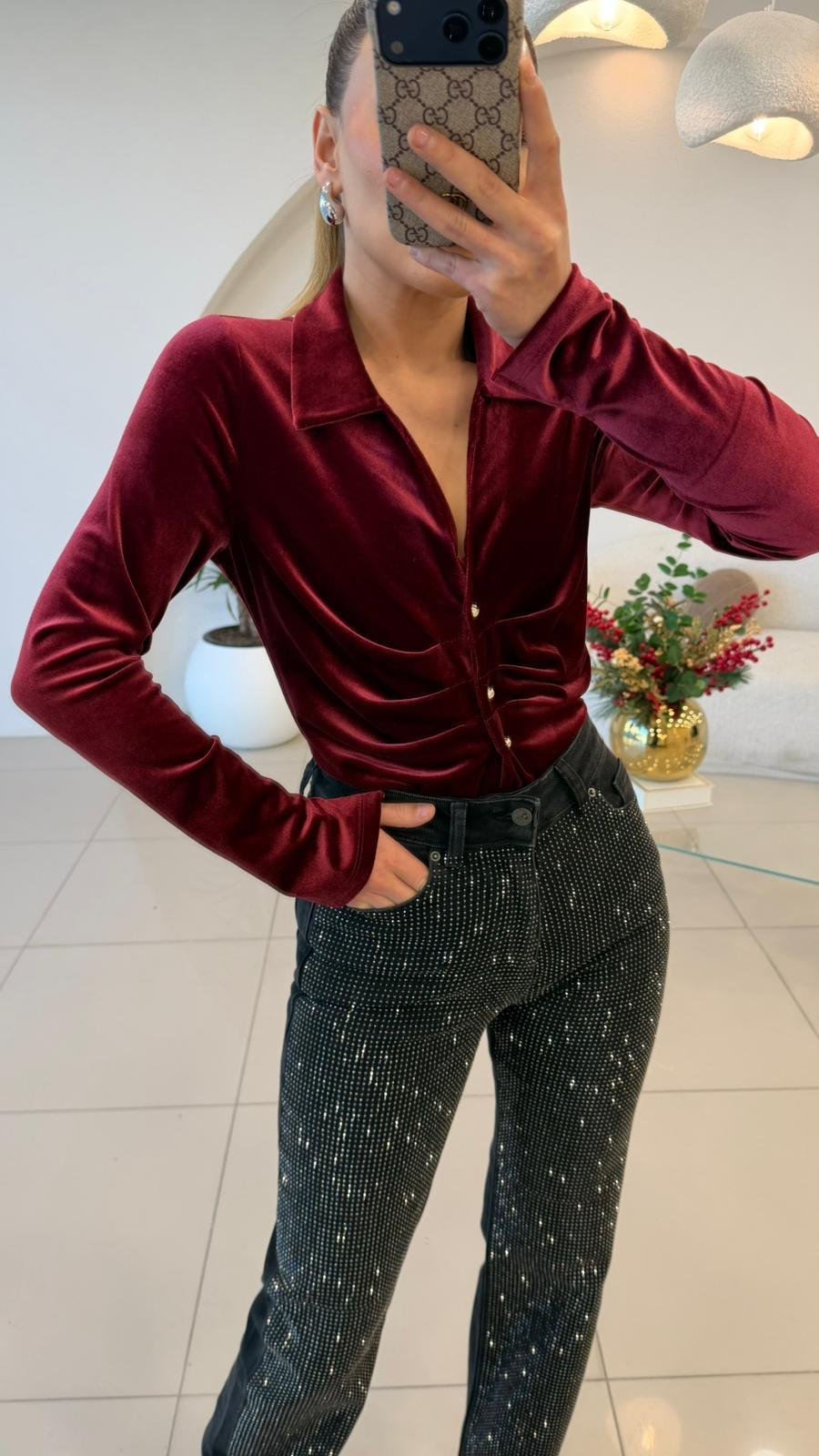 TASARIM GÖĞÜS PİLELİ KADİFE BLUZ BORDO