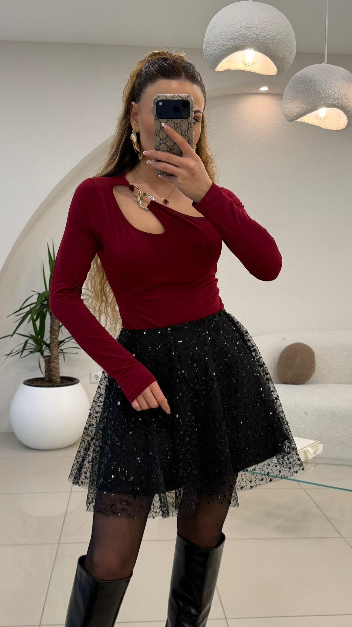 TASARIM GOLD AKSESUAR DETAYLI BLUZ  BORDO