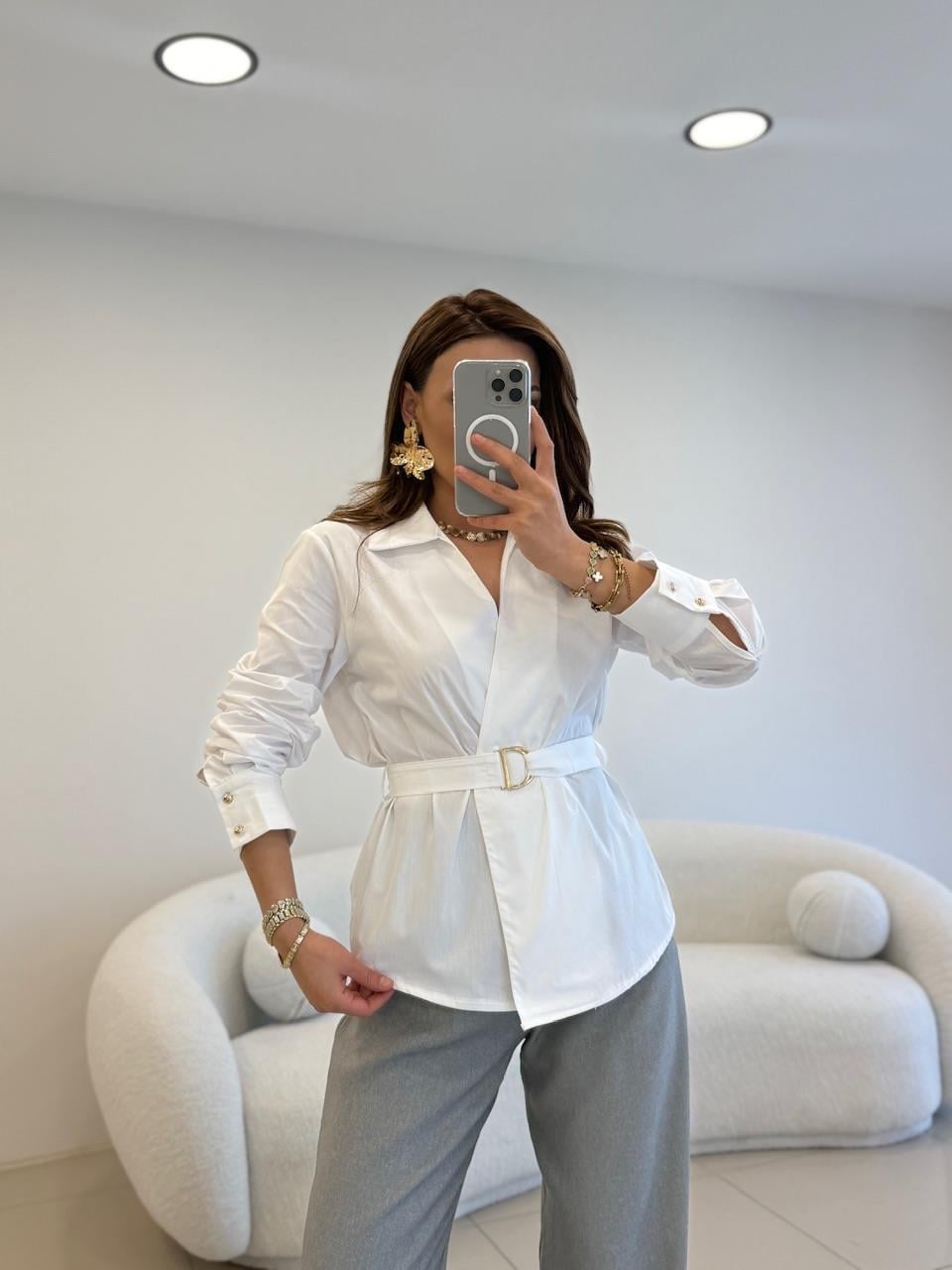 TASARIM KEMERLİ POPLİN GÖMLEK BEYAZ